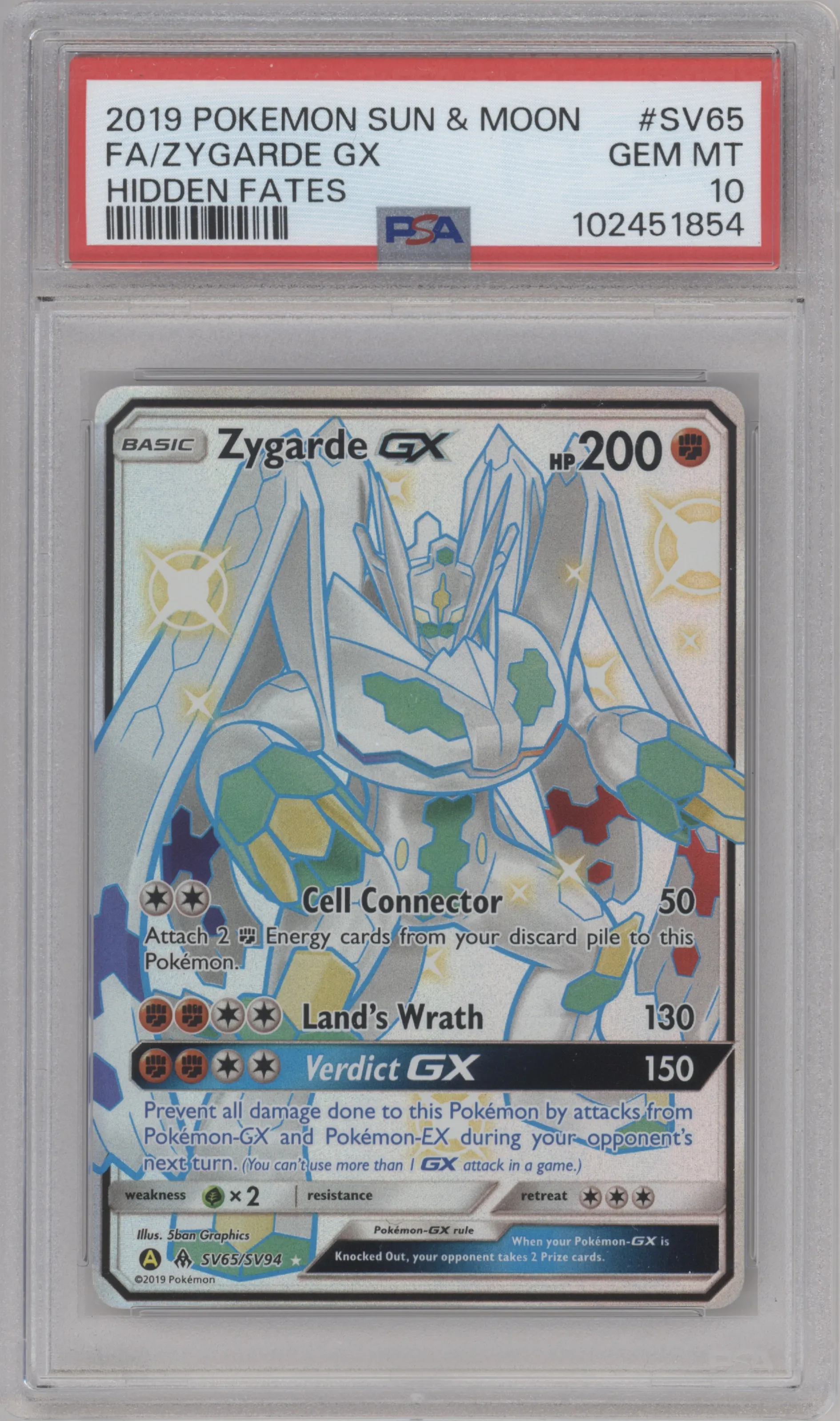 Zygarde GX from the 2019 Pokemon S&M  set graded by PSA and given an overall grade of 10.
