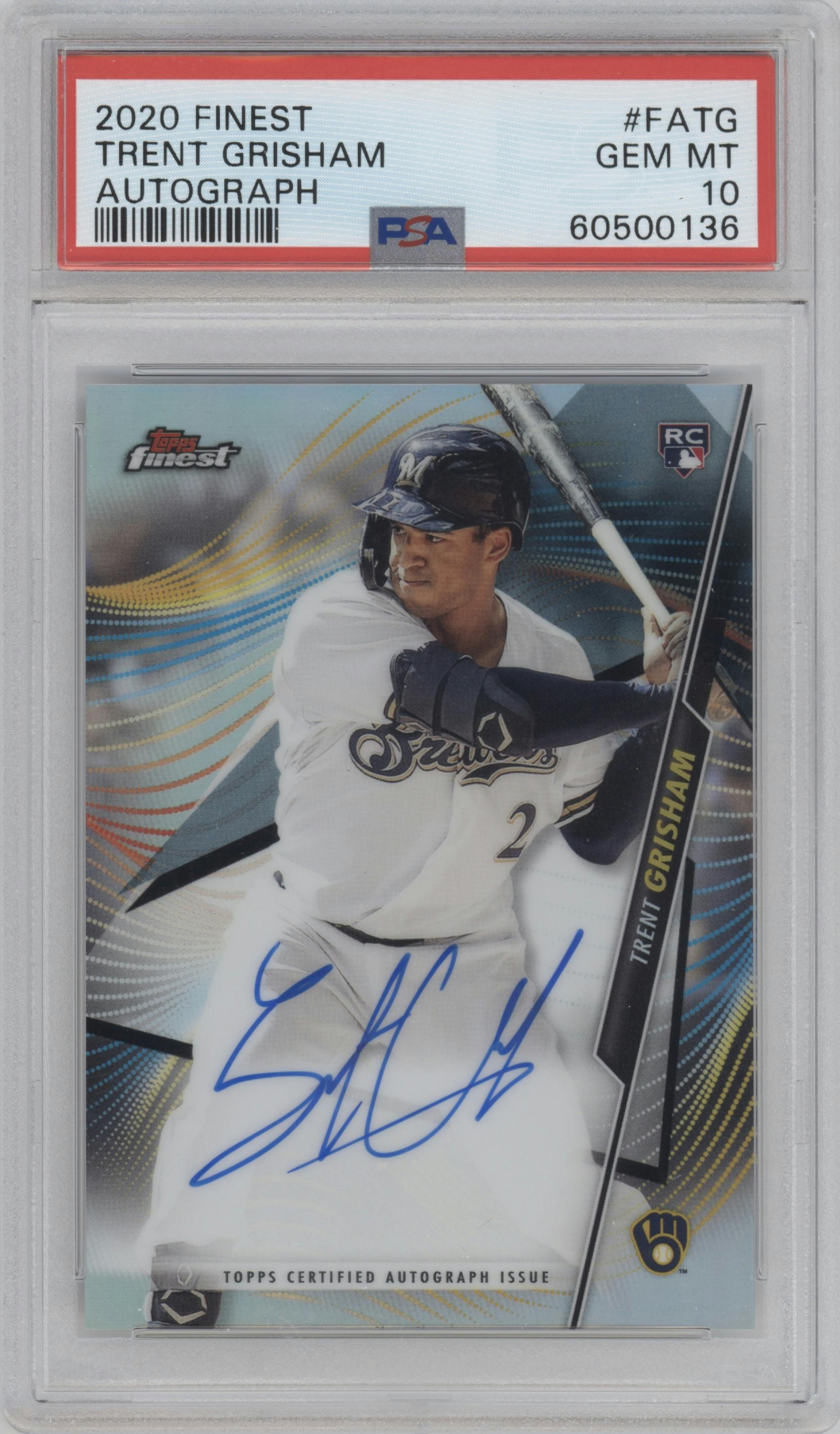 Trent Grisham from the 2020 Topps Finest set graded by PSA and given an overall grade of 10.