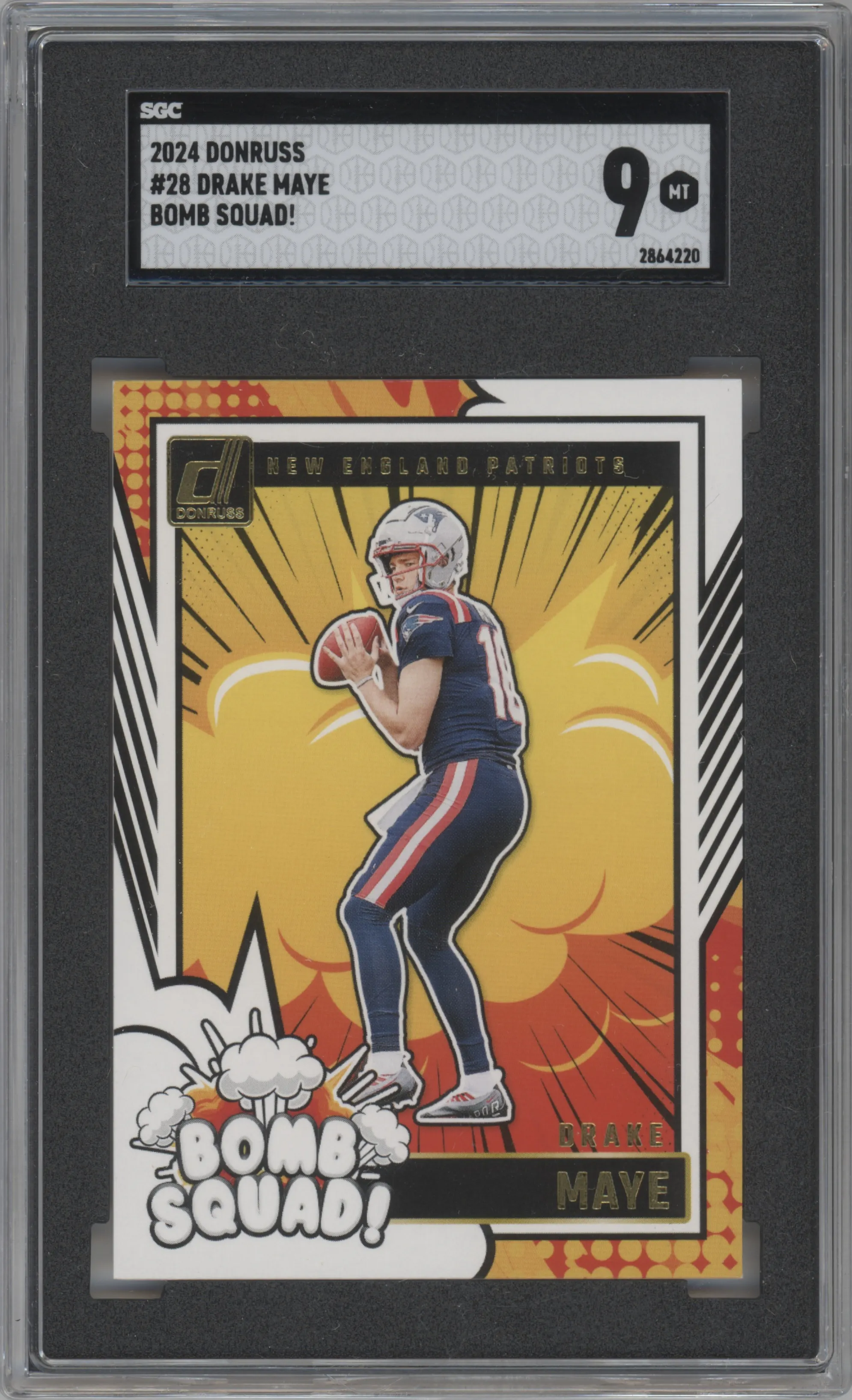 Drake Maye from the 2024 Donruss set graded by SGC and given an overall grade of 9.