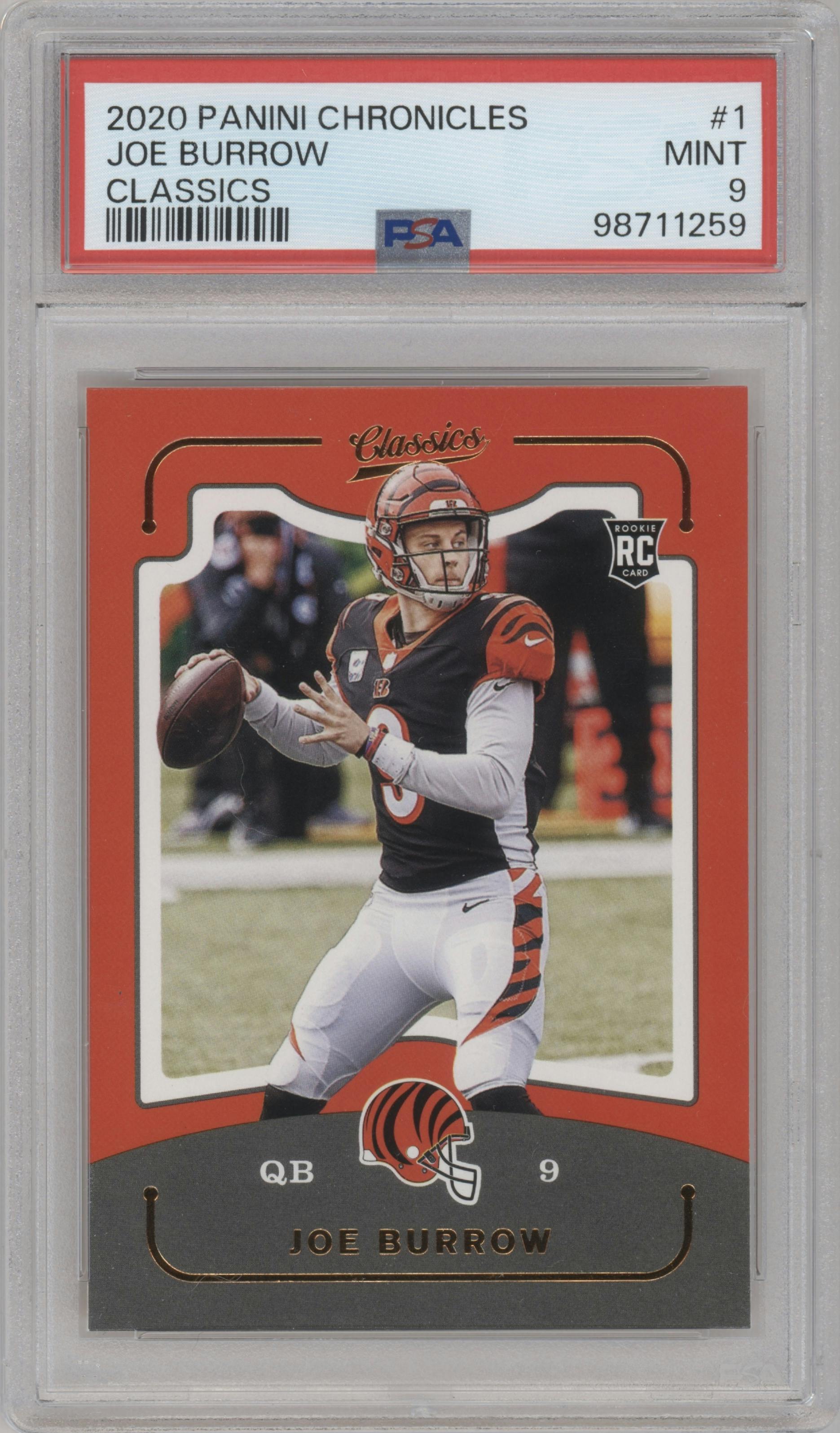 Joe Burrow from the 2020 Panini Chronicles set graded by PSA and given an overall grade of 9.