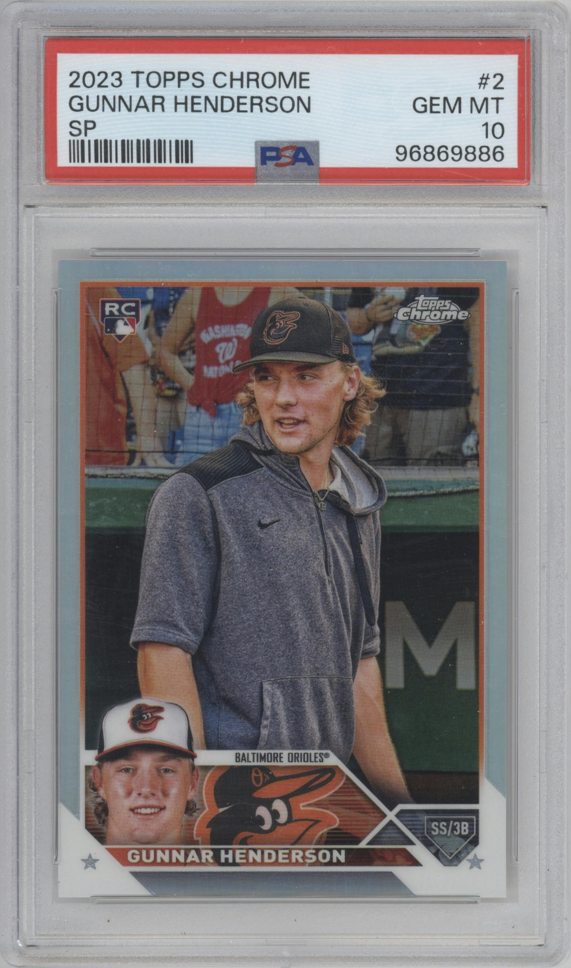 Gunnar Henderson from the 2023 Topps Chrome set graded by PSA and given an overall grade of 10.