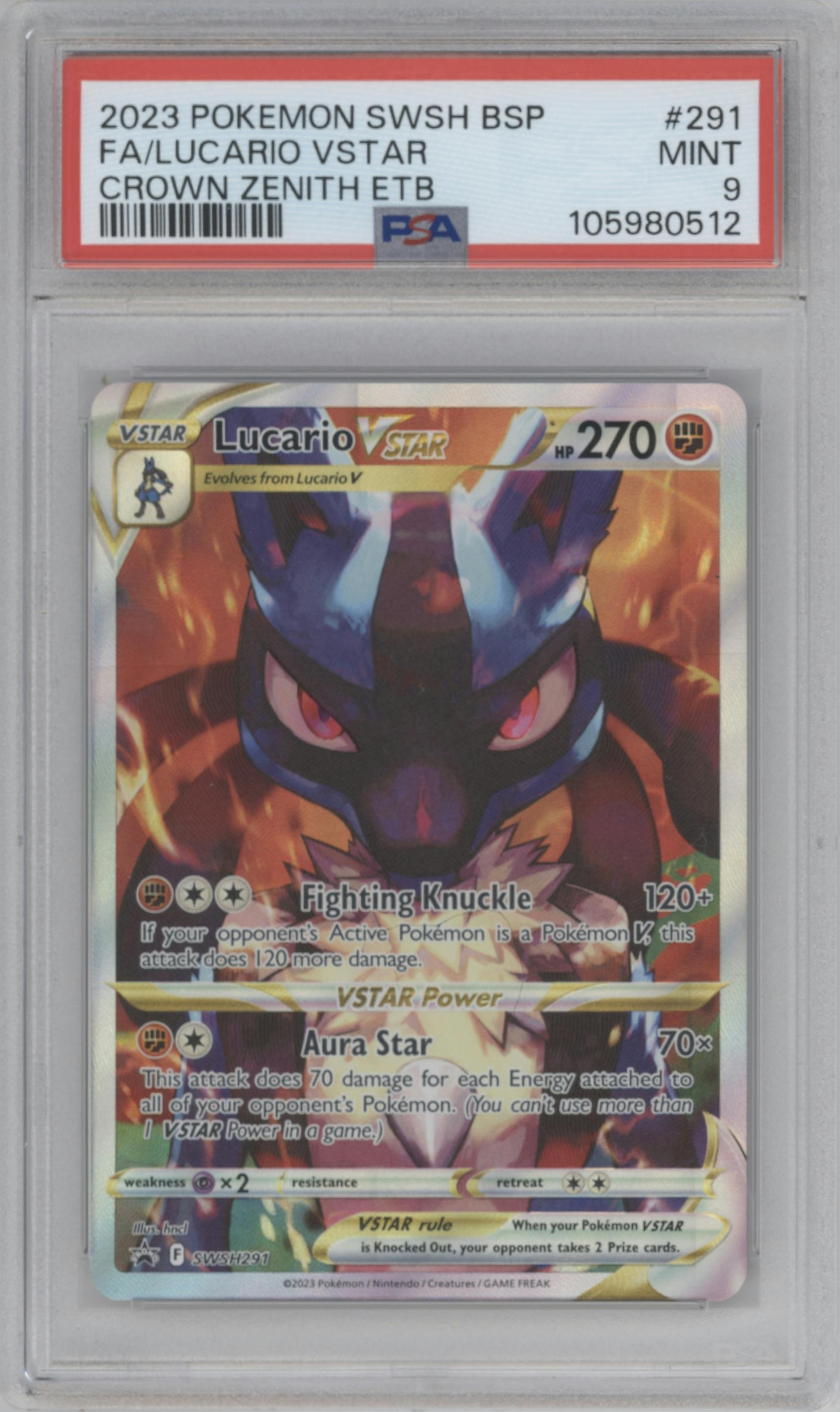 Lucario VStar from the 2023 Pokemon SWSH set featuring a Crown Zenith ETB parallel graded by PSA and given an overall grade of 9.