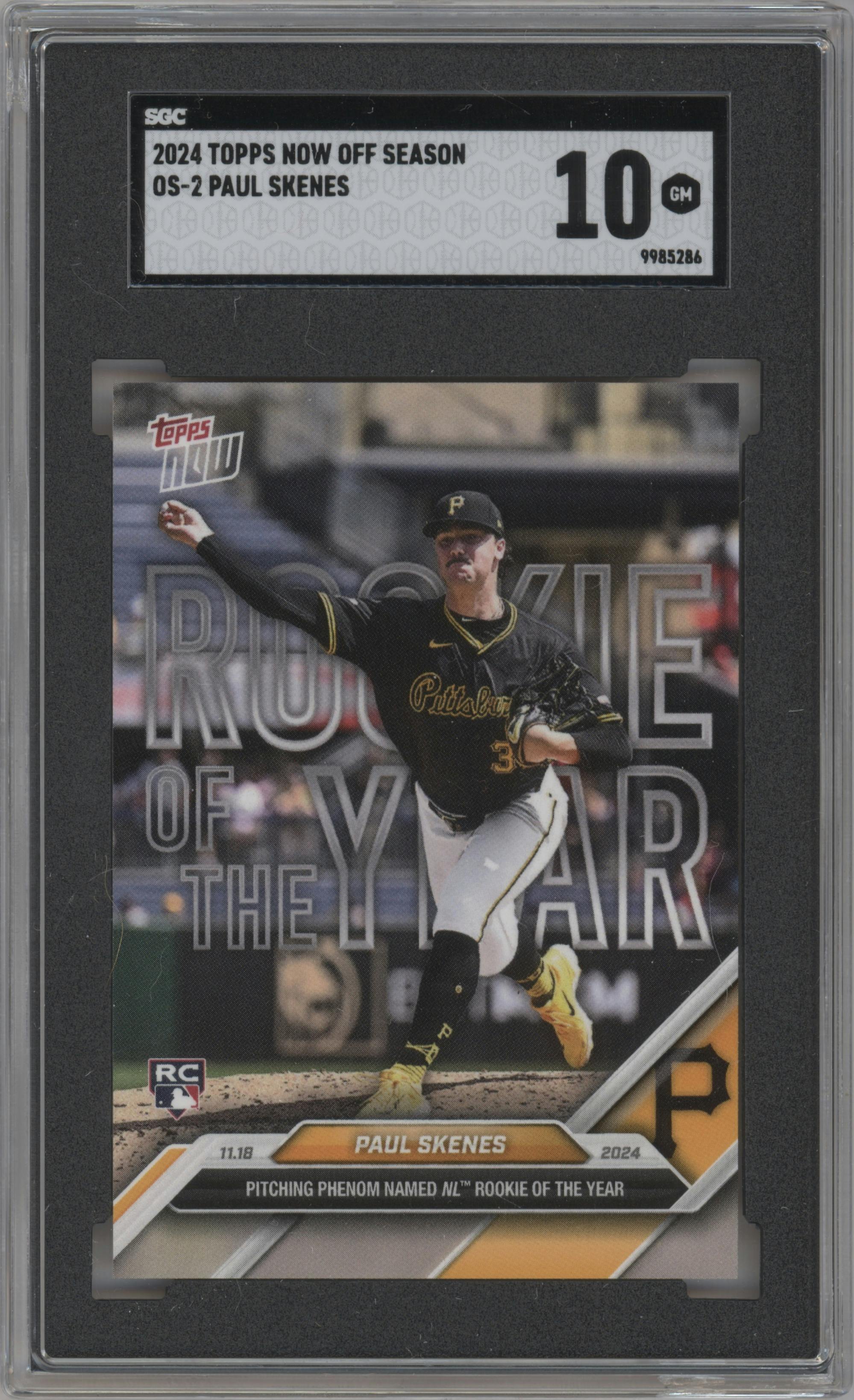Paul Skenes from the 2024-25 Topps Now Off-Season set graded by SGC and given an overall grade of 10.