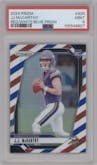 J.J. McCarthy from the 2024 Panini Prizm set featuring a Red White Blue Prizm parallel graded by PSA and given an overall grade of 9.
