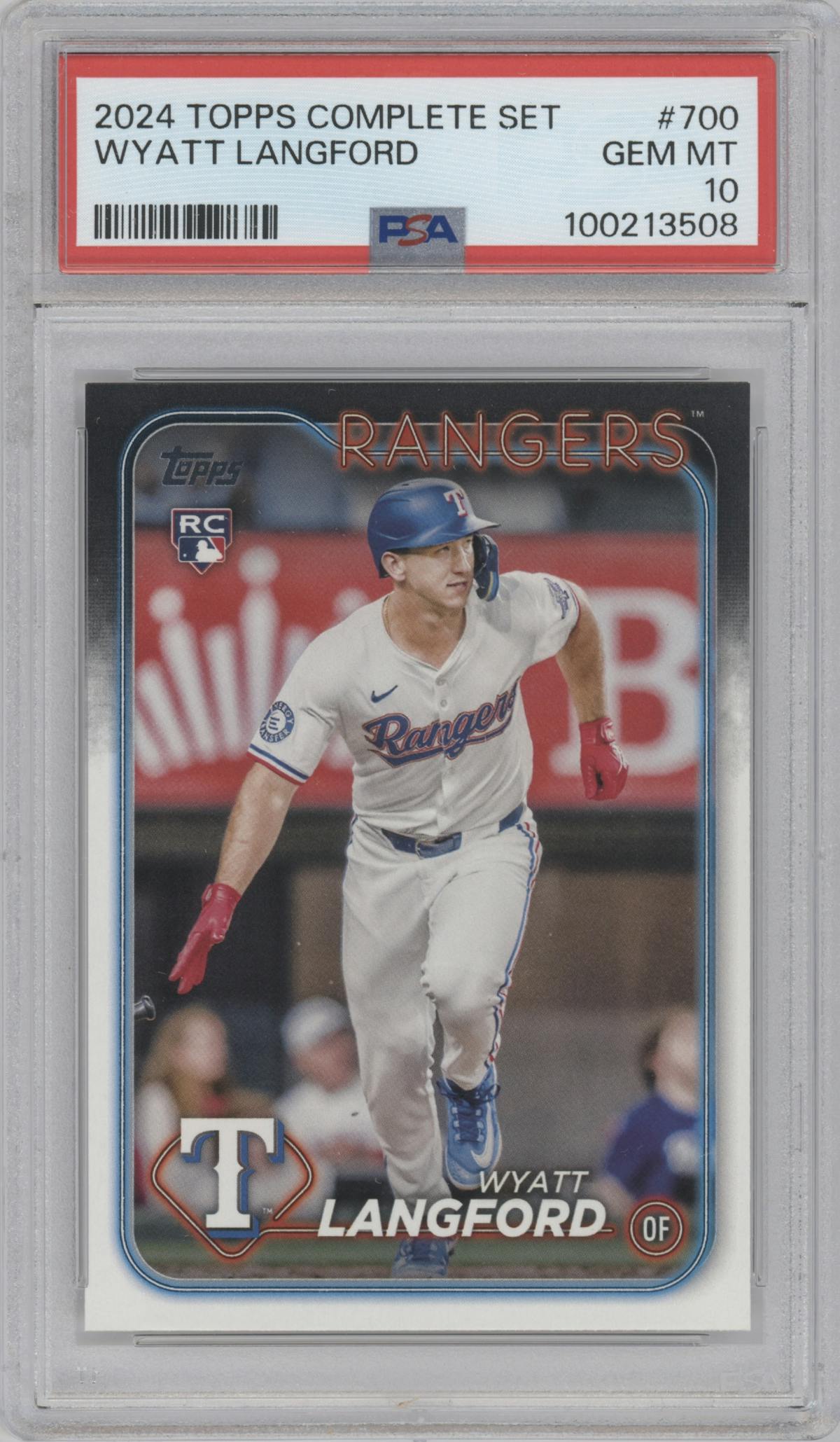 Wyatt Langford from the 2024 Topps Complete set graded by PSA and given an overall grade of 10.