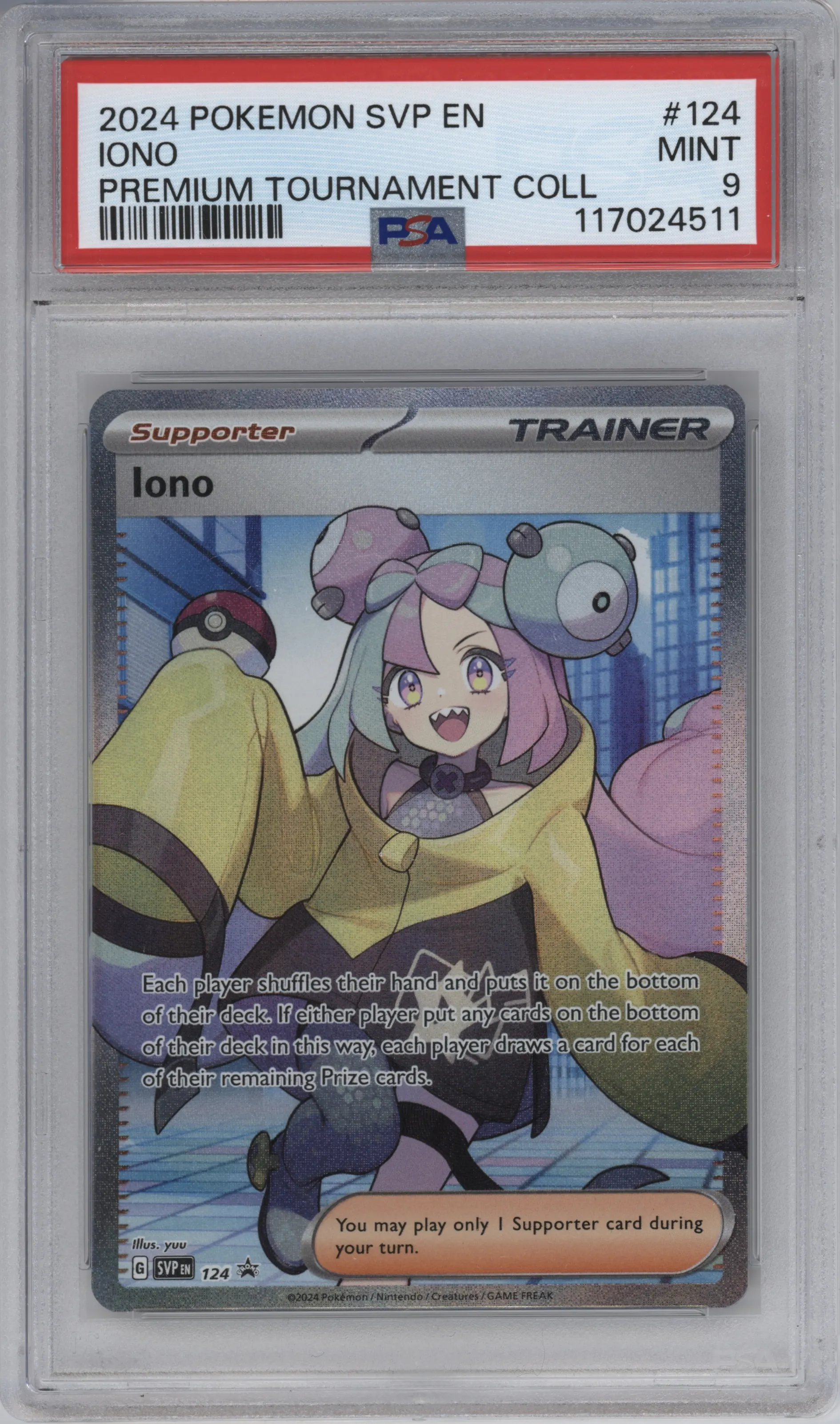 Iono from the 2024 Pokemon SV set featuring a Premium Tournament Collection parallel graded by PSA and given an overall grade of 9.
