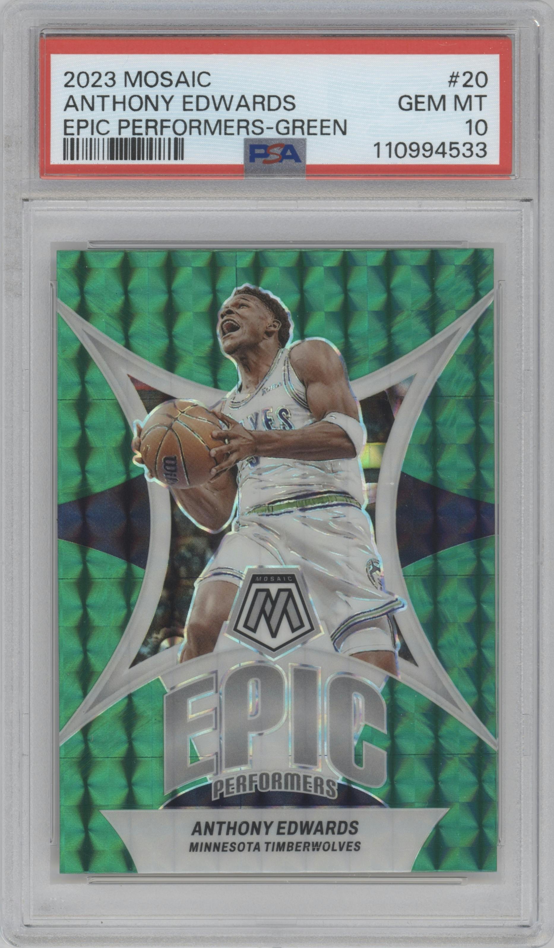 Anthony Edwards from the 2023-24 Panini Mosaic set featuring a Green Mosaic parallel graded by PSA and given an overall grade of 10.