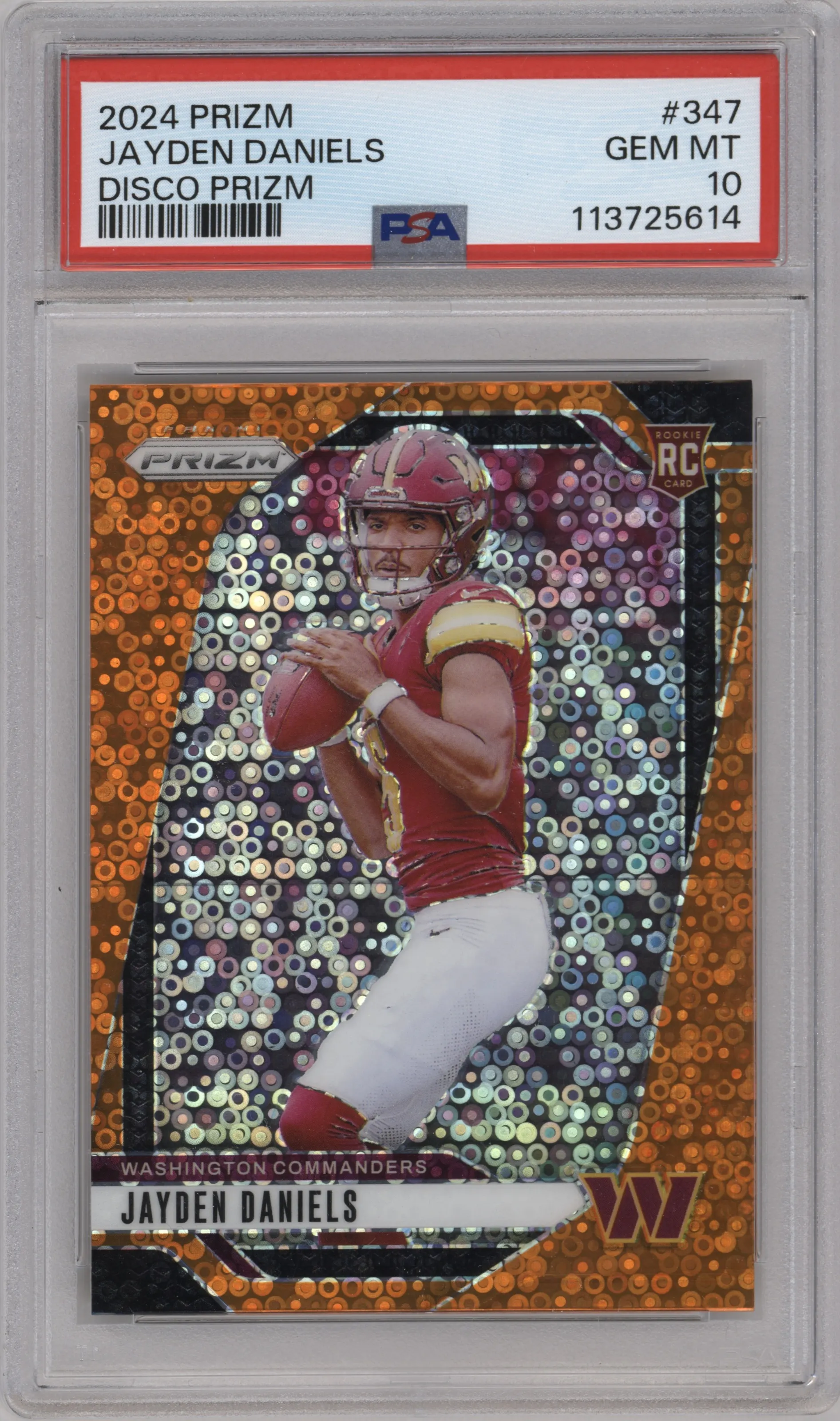Jayden Daniels from the 2024 Panini Prizm set featuring a Disco parallel graded by PSA and given an overall grade of 10.