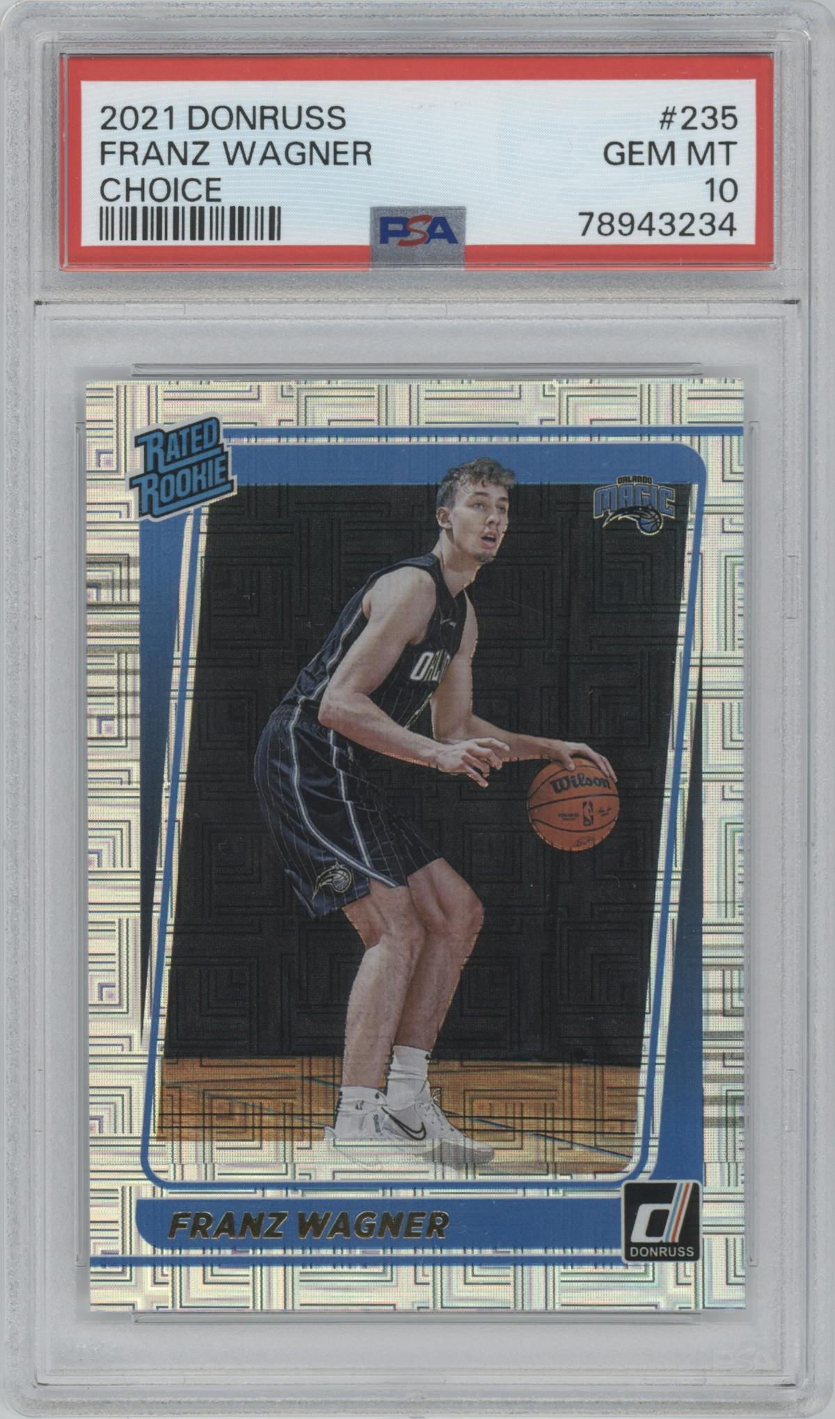 Franz Wagner from the 2021-22 Panini Donruss set featuring a Choice parallel graded by PSA and given an overall grade of 10.