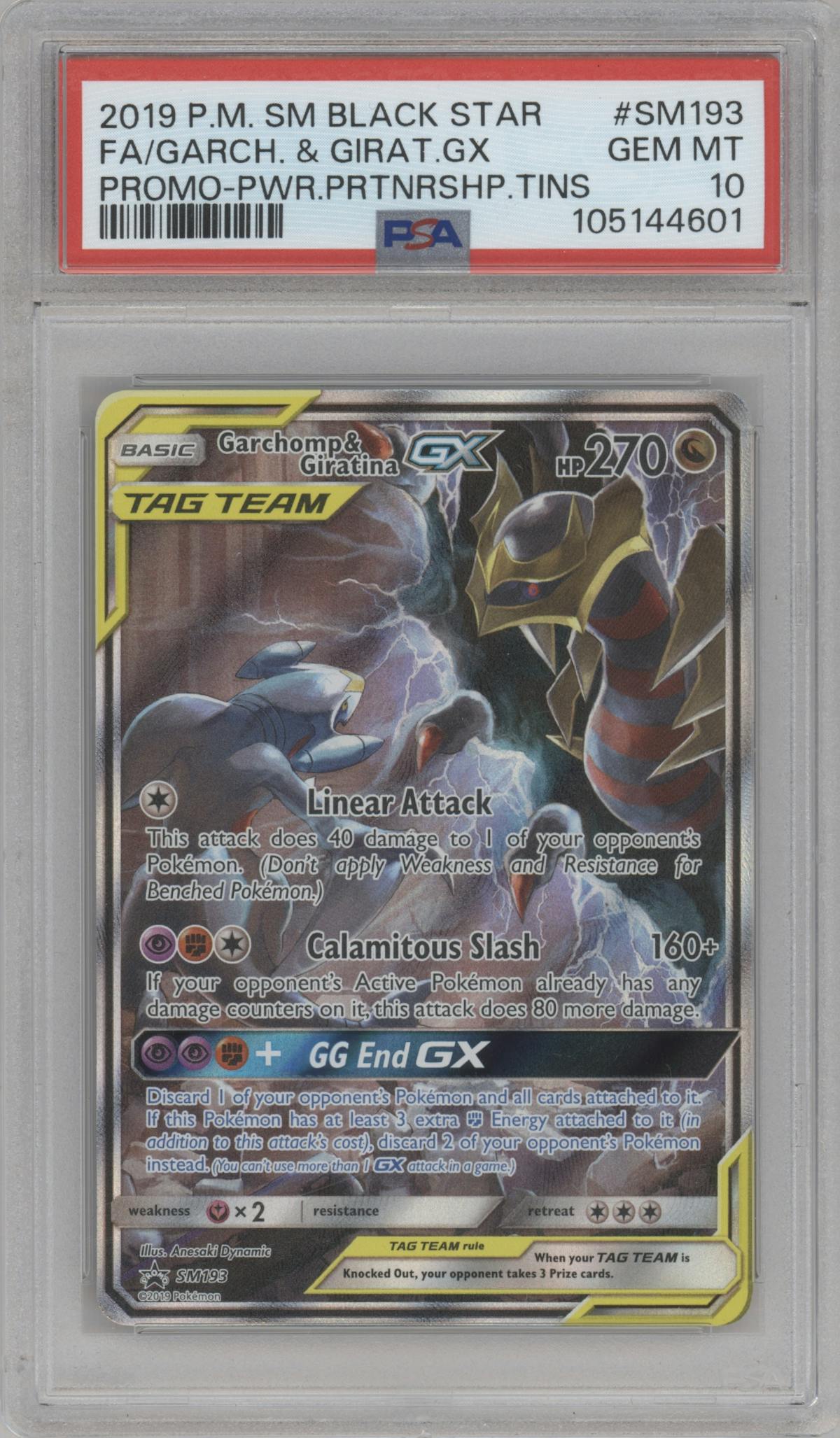 Garchomp & Giratina GX  from the 2019 Pokemon S&M  set featuring a Power Partnership Tins parallel graded by PSA and given an overall grade of 10.