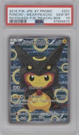 Rayquaza Pikachu from the 2016 Pokemon XY JPN set featuring a Poncho Wearing Pikachu Box parallel graded by PSA and given an overall grade of 10.
