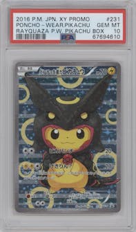 Rayquaza Pikachu from the 2016 Pokemon XY JPN set featuring a Poncho Wearing Pikachu Box parallel graded by PSA and given an overall grade of 10.