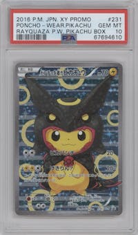 Rayquaza Pikachu from the 2016 Pokemon XY JPN set featuring a Poncho Wearing Pikachu Box parallel graded by PSA and given an overall grade of 10.