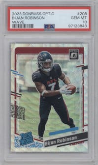 Bijan Robinson from the 2023 Donruss Optic set featuring a Wave parallel graded by PSA and given an overall grade of 10.