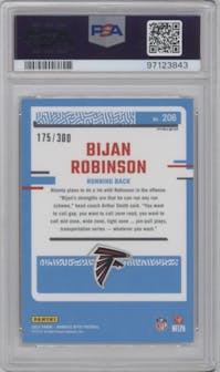 Bijan Robinson from the 2023 Donruss Optic set featuring a Wave parallel graded by PSA and given an overall grade of 10.