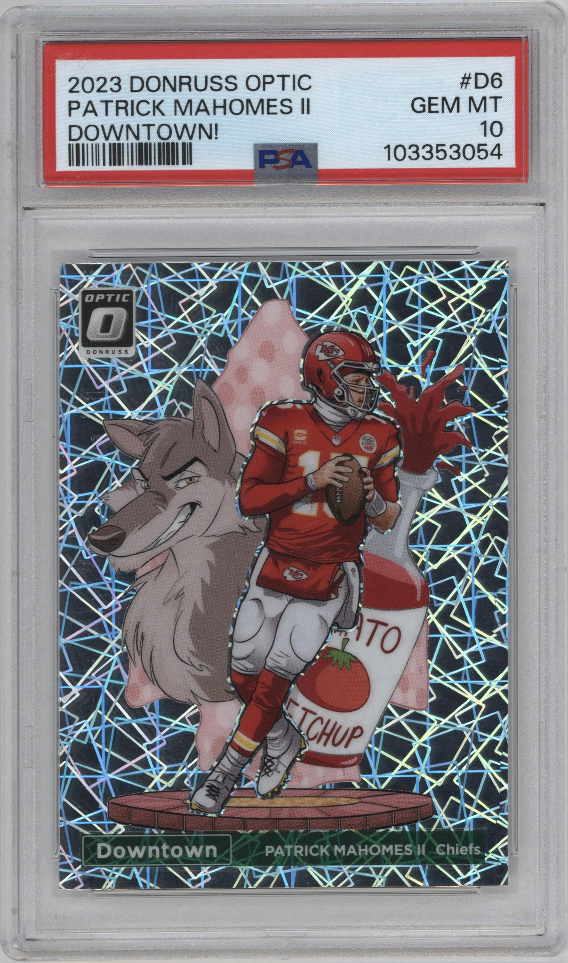Patrick Mahomes II from the 2023 Donruss Optic set graded by PSA and given an overall grade of 10.