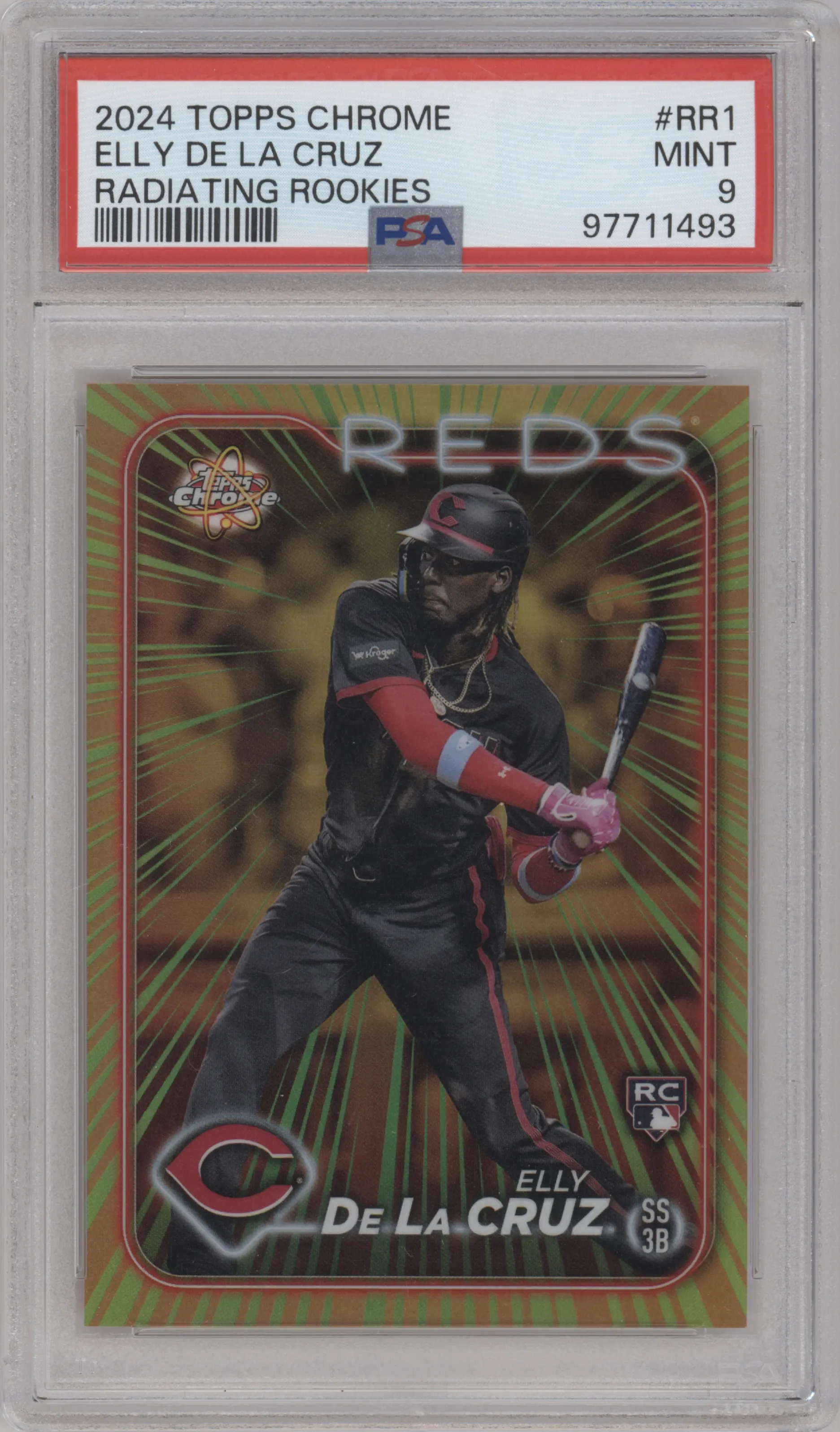  Elly De La Cruz from the 2024 Topps Chrome set graded by PSA and given an overall grade of 9.