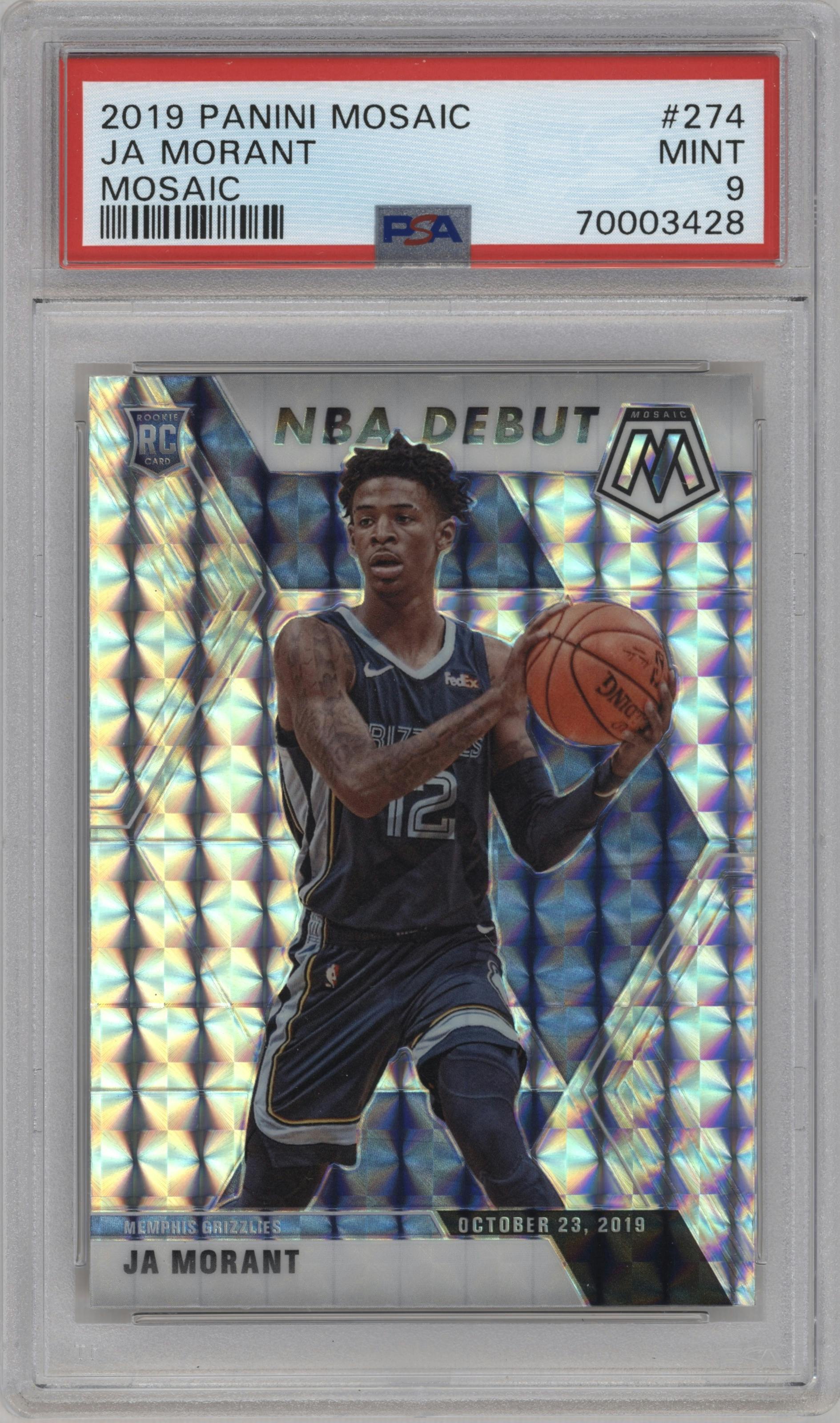 Ja Morant from the 2019-20 Panini Mosaic  set featuring a Mosaic parallel graded by PSA and given an overall grade of 9.