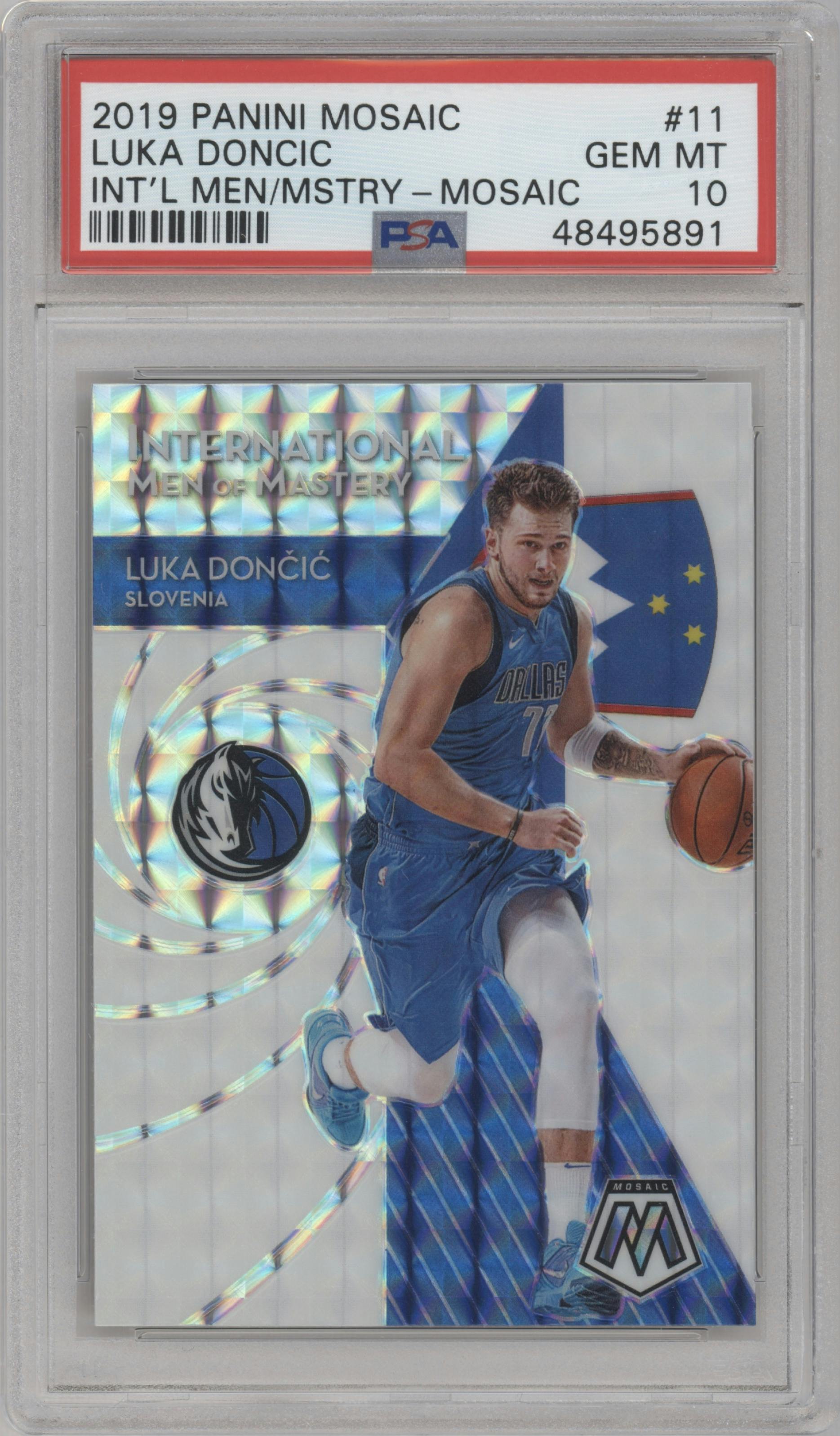 Luka Doncic from the 2019-20 Panini Mosaic  set featuring a Mosaic parallel graded by PSA and given an overall grade of 10.