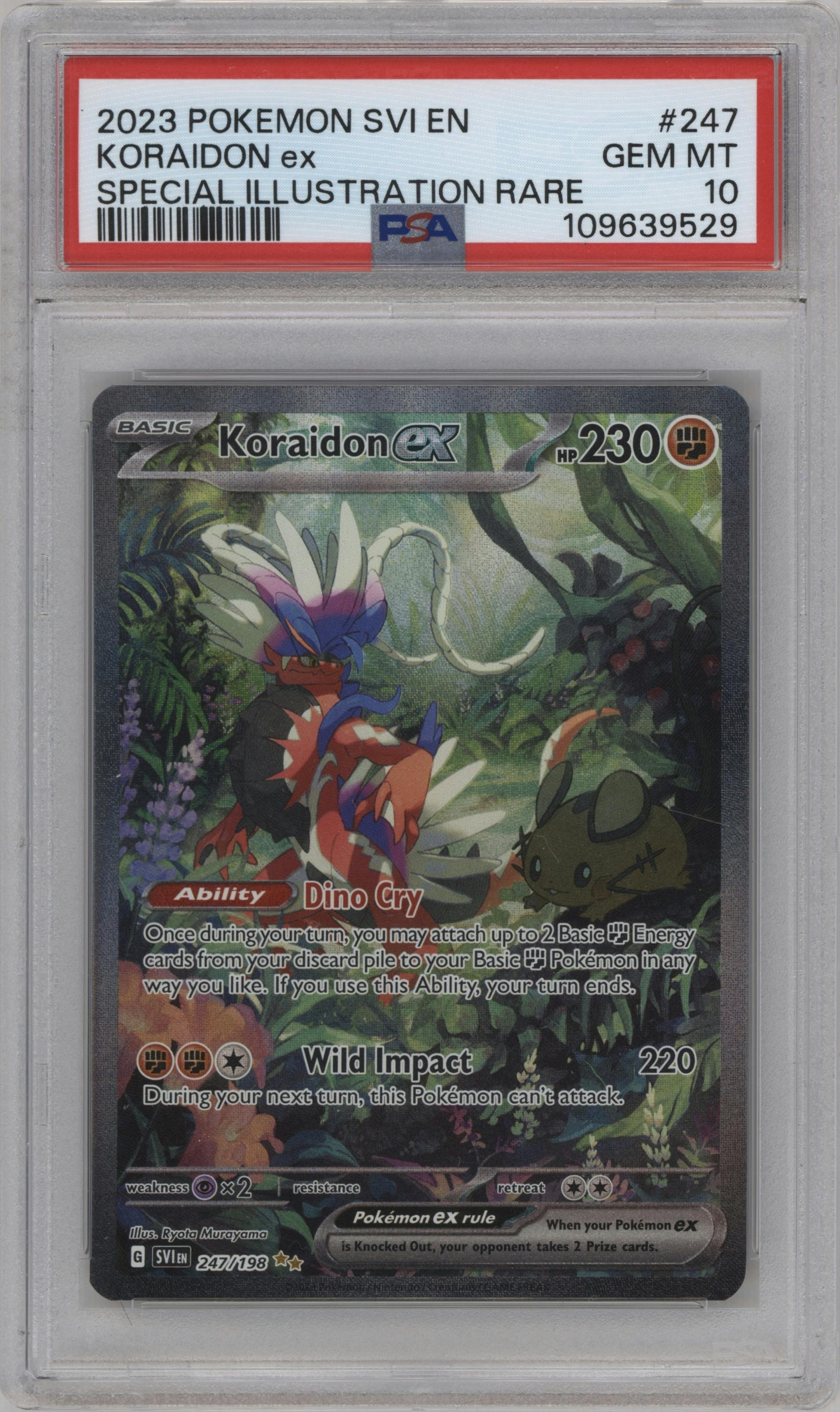 Koraidon ex from the 2023 Pokemon SV set graded by PSA and given an overall grade of 10.