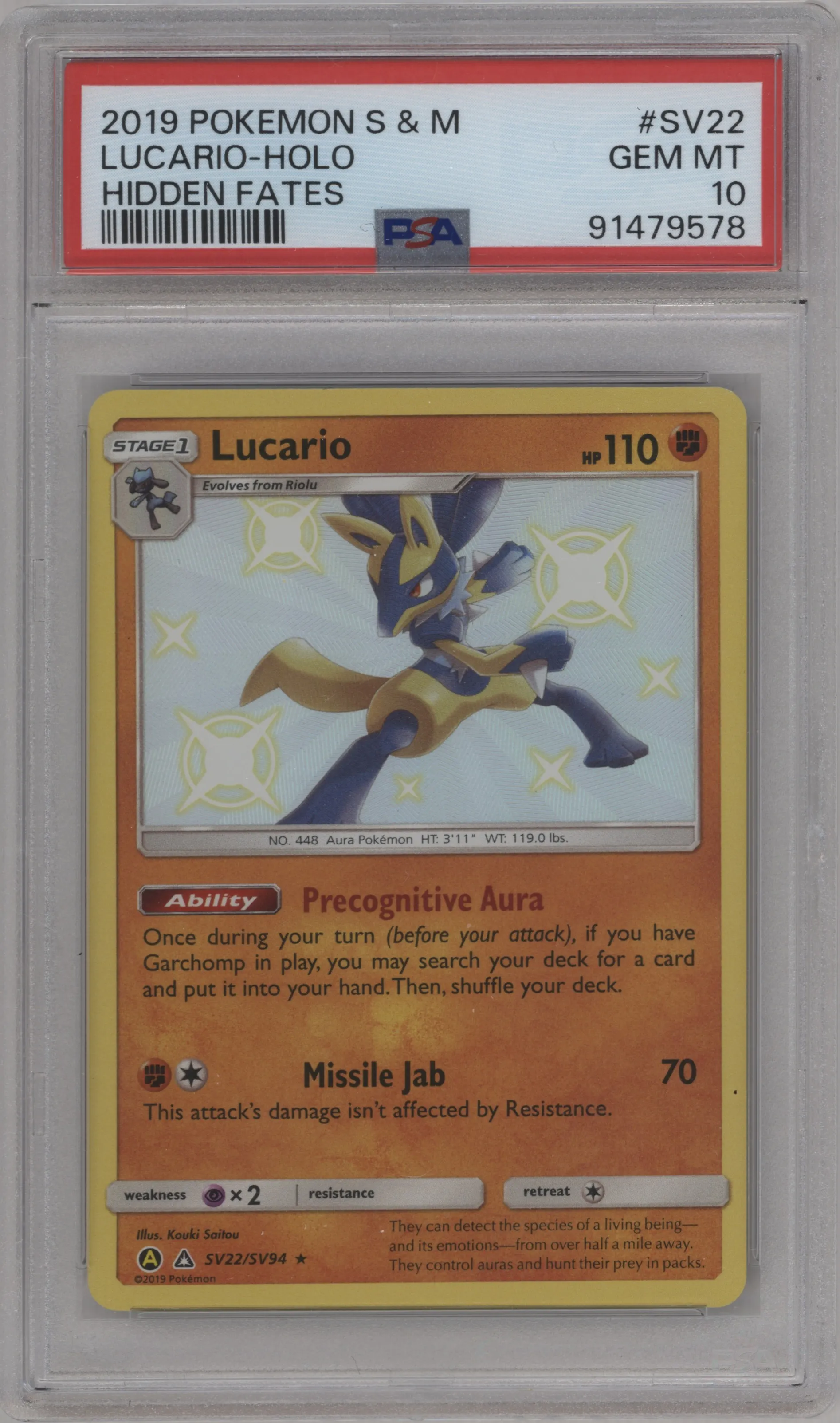 2019 Pokemon S&M Hidden Fates Lucario #SV22 PSA 10