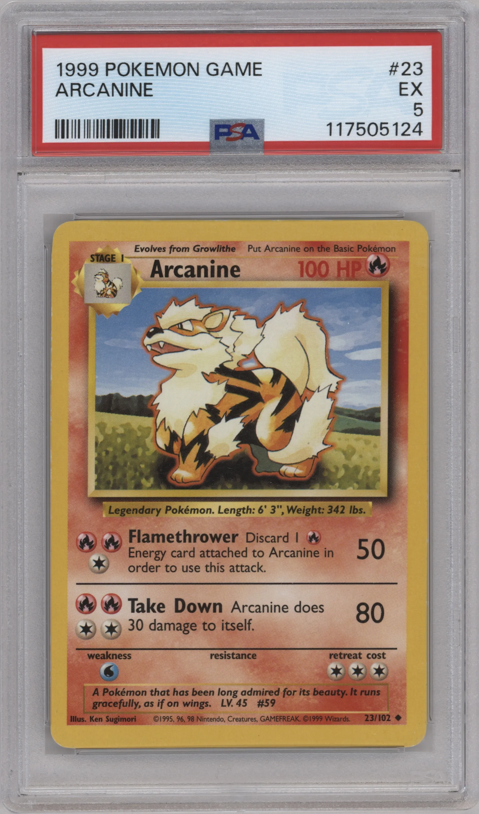 Arcanine from the 1999 Pokemon set graded by PSA and given an overall grade of 5.