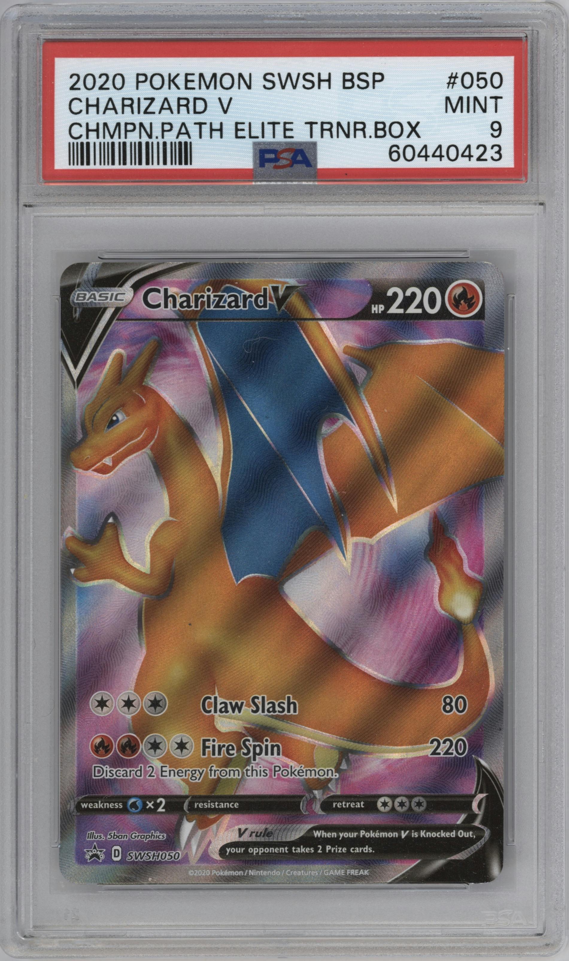 Charizard V from the 2020 Pokemon SWSH set featuring a Champion's Path ETB parallel graded by PSA and given an overall grade of 9.