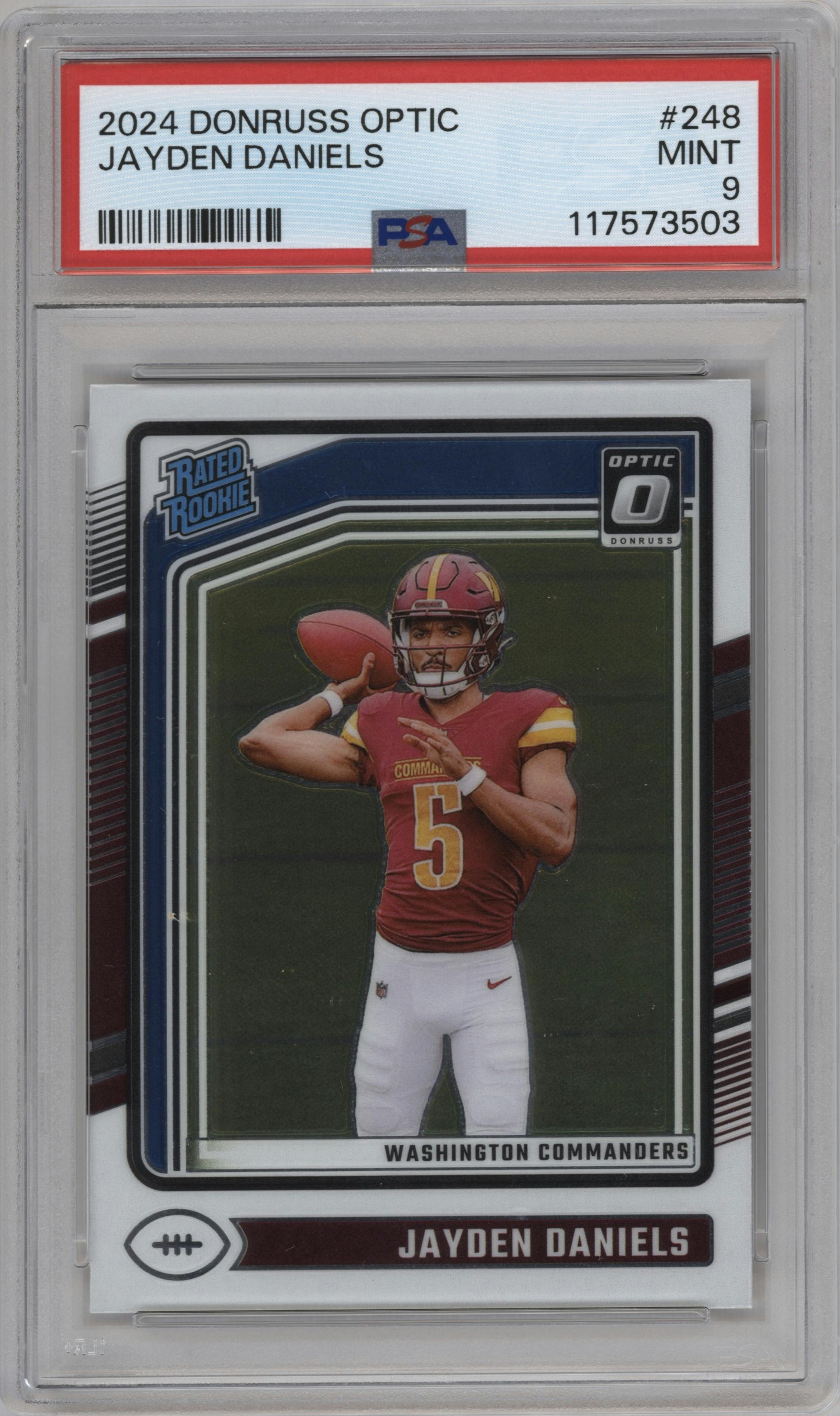 Jayden Daniels from the 2024 Donruss Optic set graded by PSA and given an overall grade of 9.