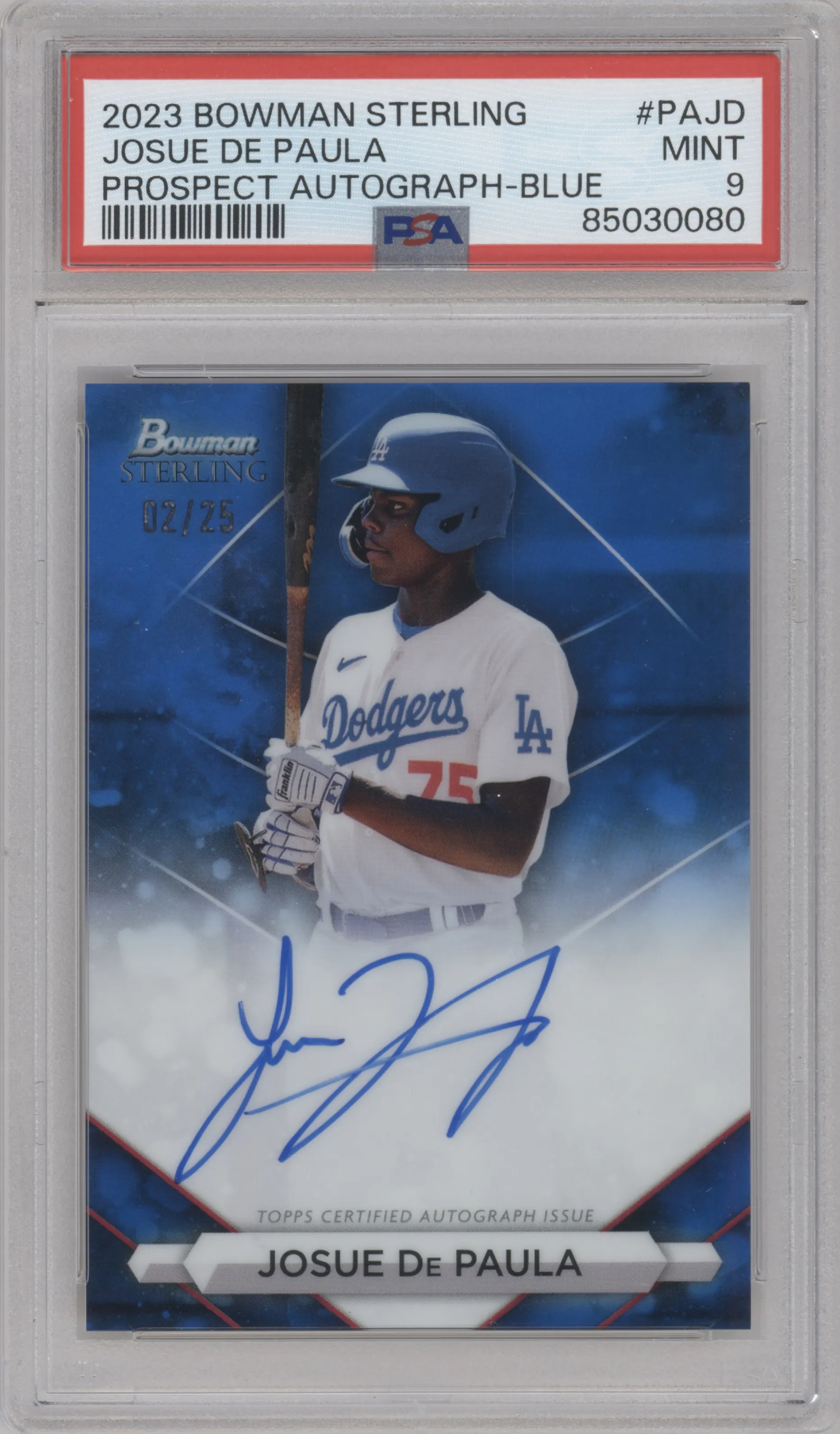 Josue De Paula from the 2023 Bowman Sterling set featuring a Blue Refractor parallel graded by PSA and given an overall grade of 9.