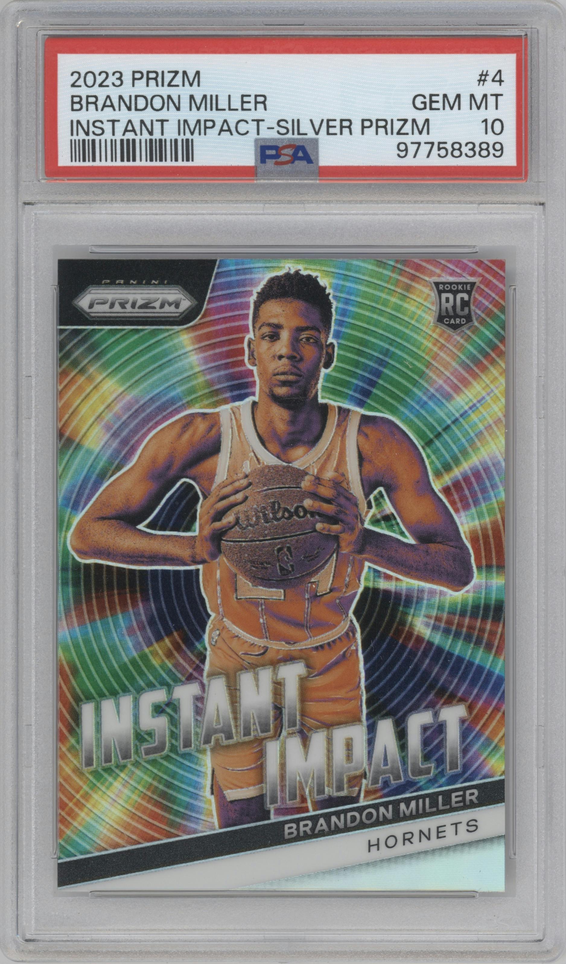 Brandon Miller from the 2023-24 Panini Prizm set featuring a Silver Prizm parallel graded by PSA and given an overall grade of 10.