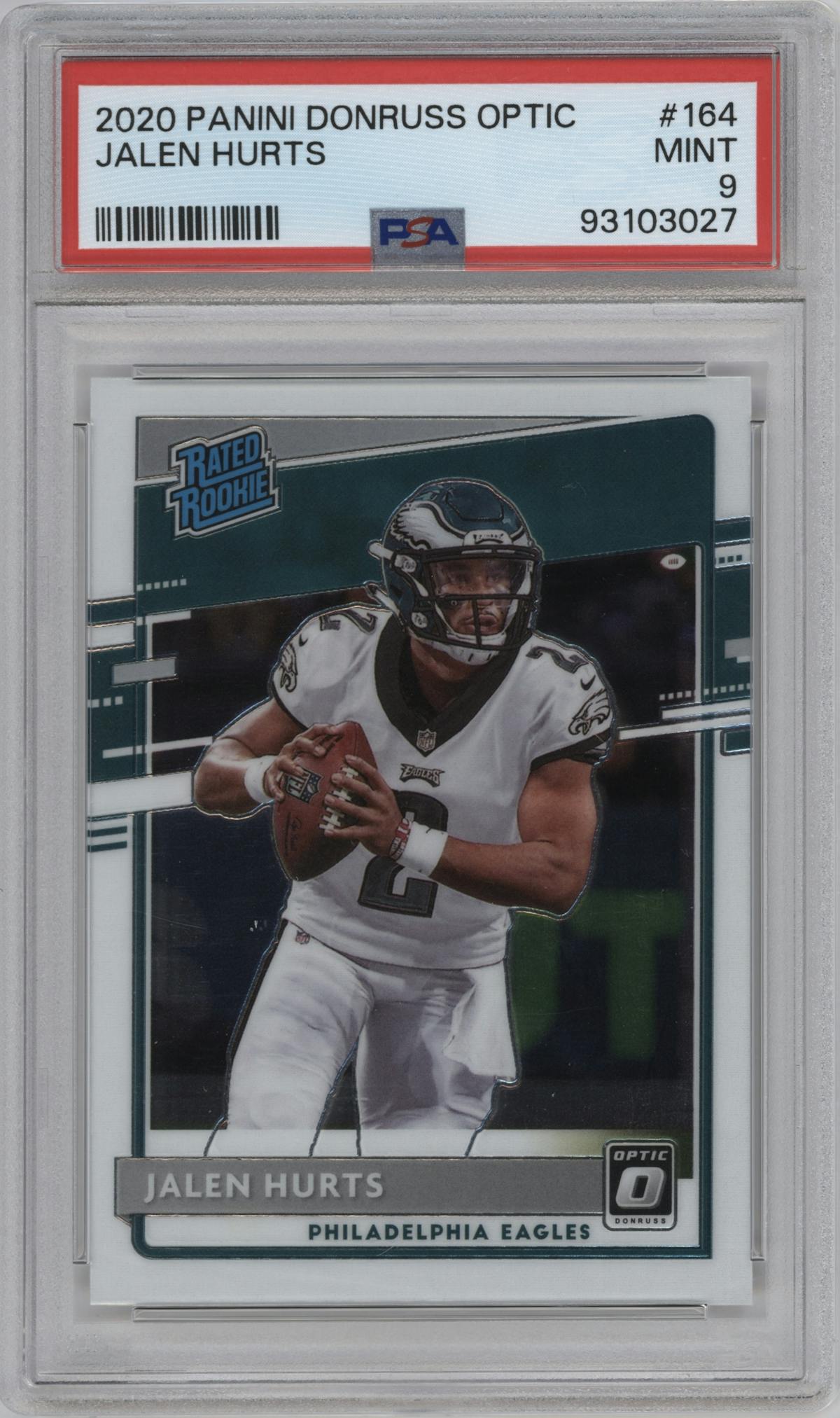 Jalen Hurts from the 2020 Panini Donruss Optic set graded by PSA and given an overall grade of 9.