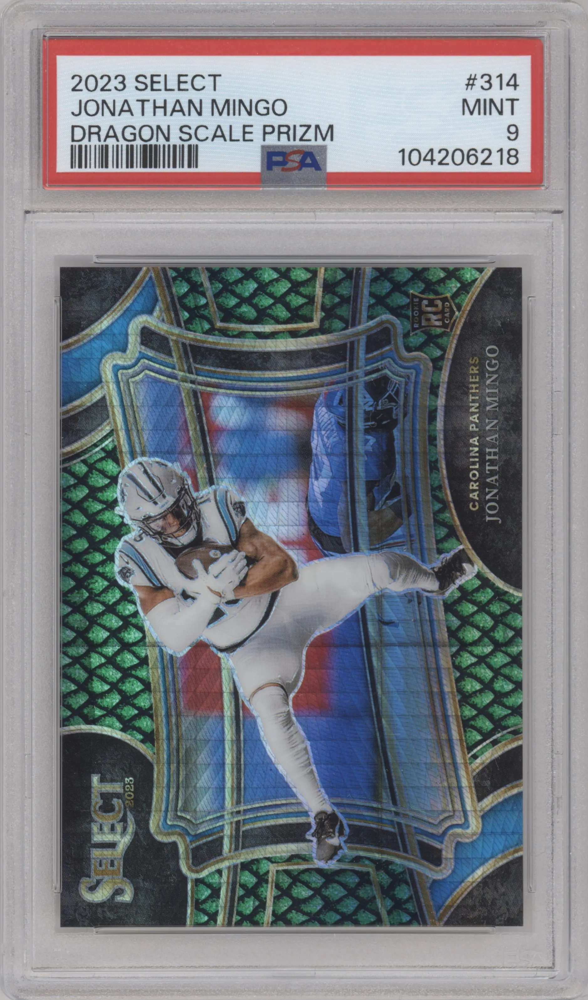 Jonathan Mingo from the 2023 Panini Select set featuring a Dragon Scale Prizm parallel graded by PSA and given an overall grade of 9.