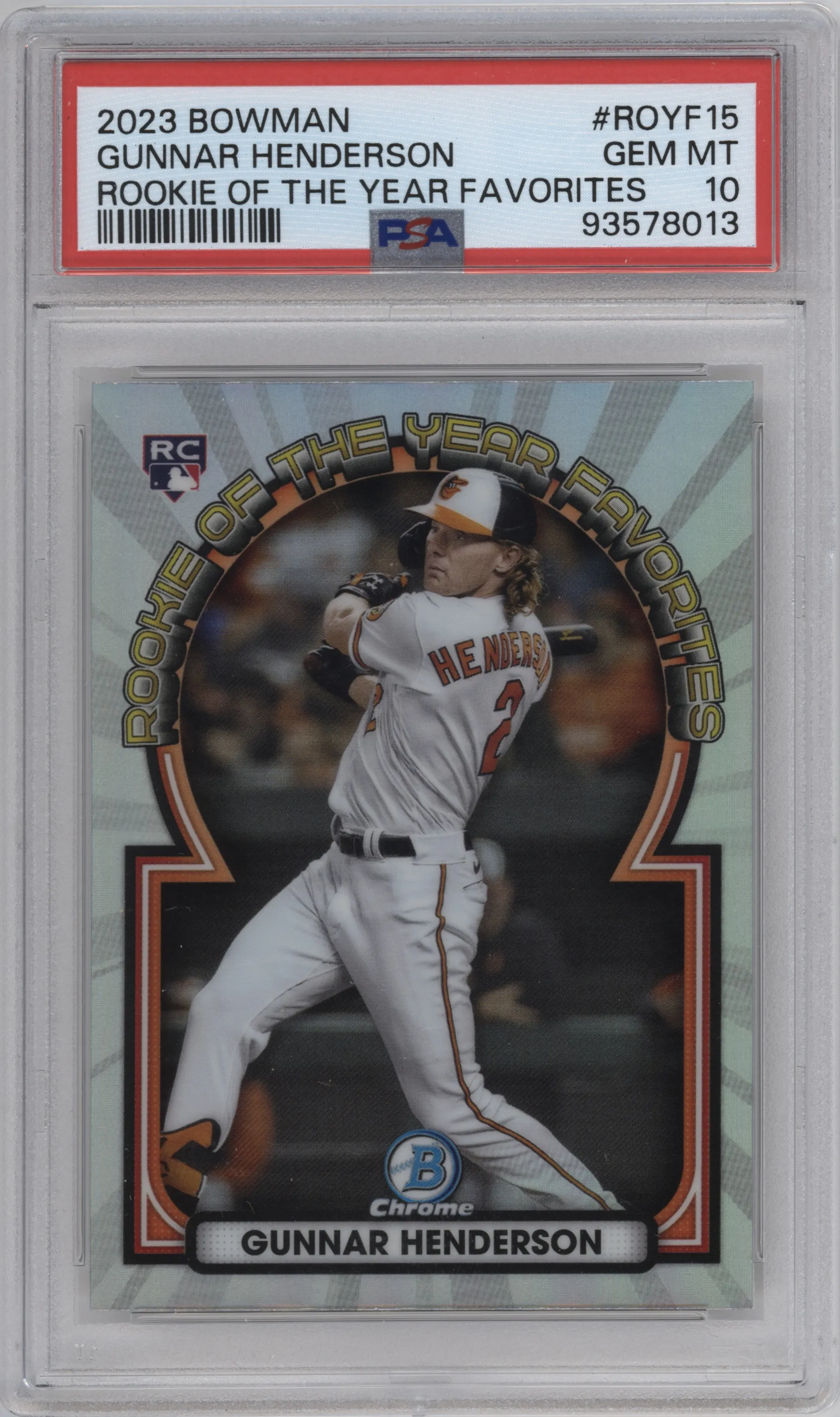 Gunnar Henderson from the 2023 Bowman  set graded by PSA and given an overall grade of 10.