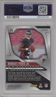 Michael Penix Jr. from the 2024 Panini Prizm set featuring a Neon Green Pulsar  parallel graded by PSA and given an overall grade of 10.