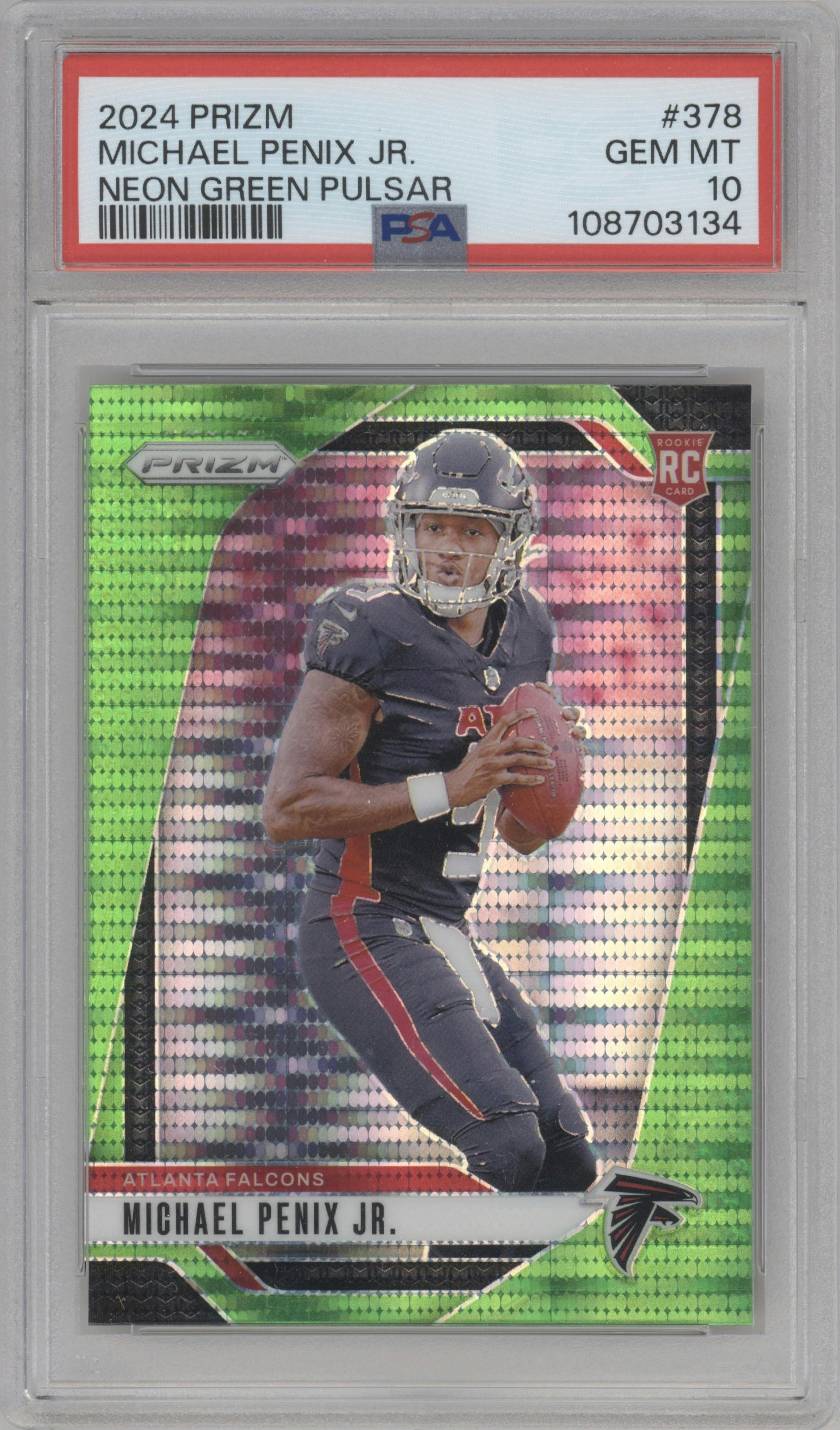 Michael Penix Jr. from the 2024 Panini Prizm set featuring a Neon Green Pulsar  parallel graded by PSA and given an overall grade of 10.