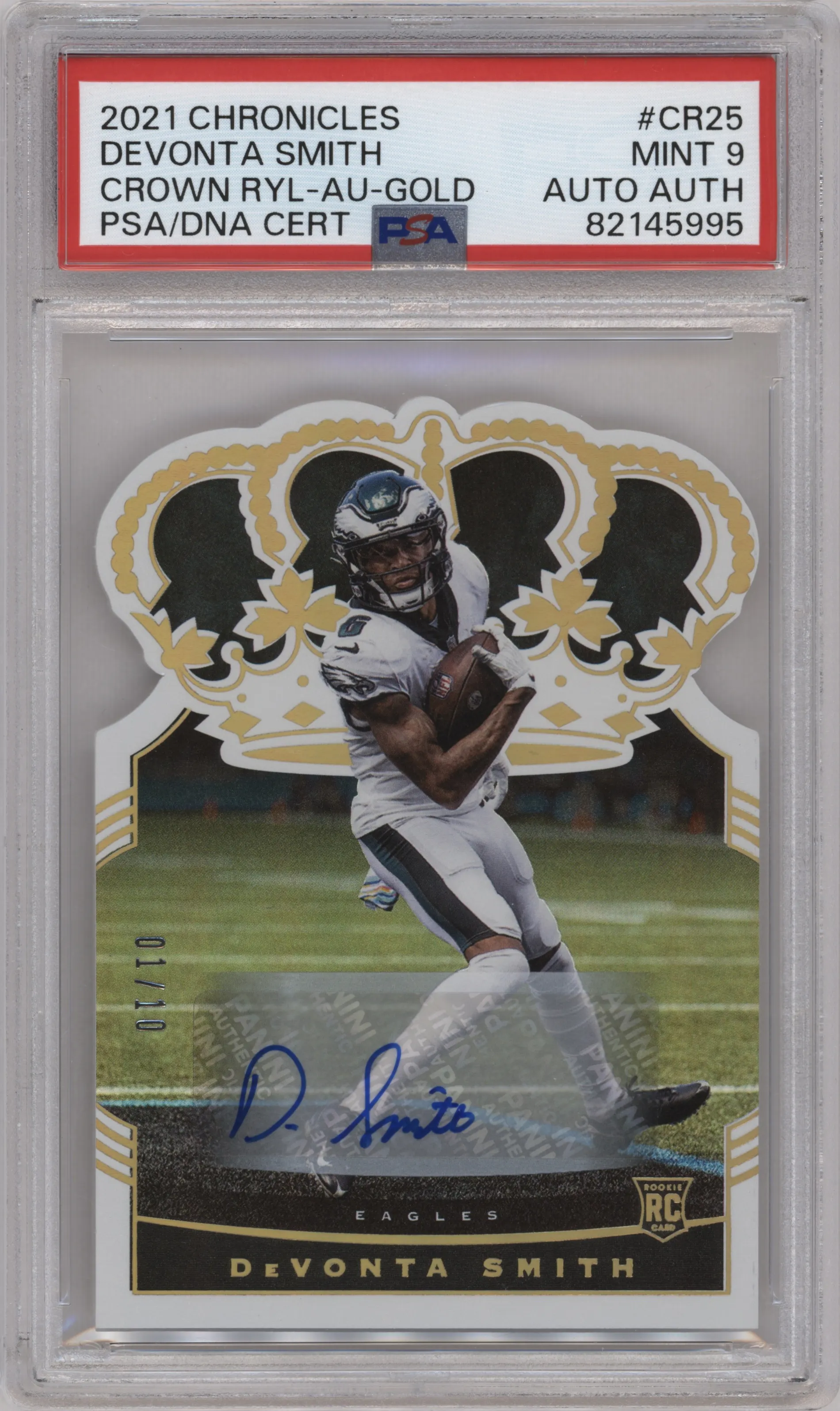 DeVonta Smith from the 2021 Panini Chronicles set featuring a Gold parallel graded by PSA and given an overall grade of 9.