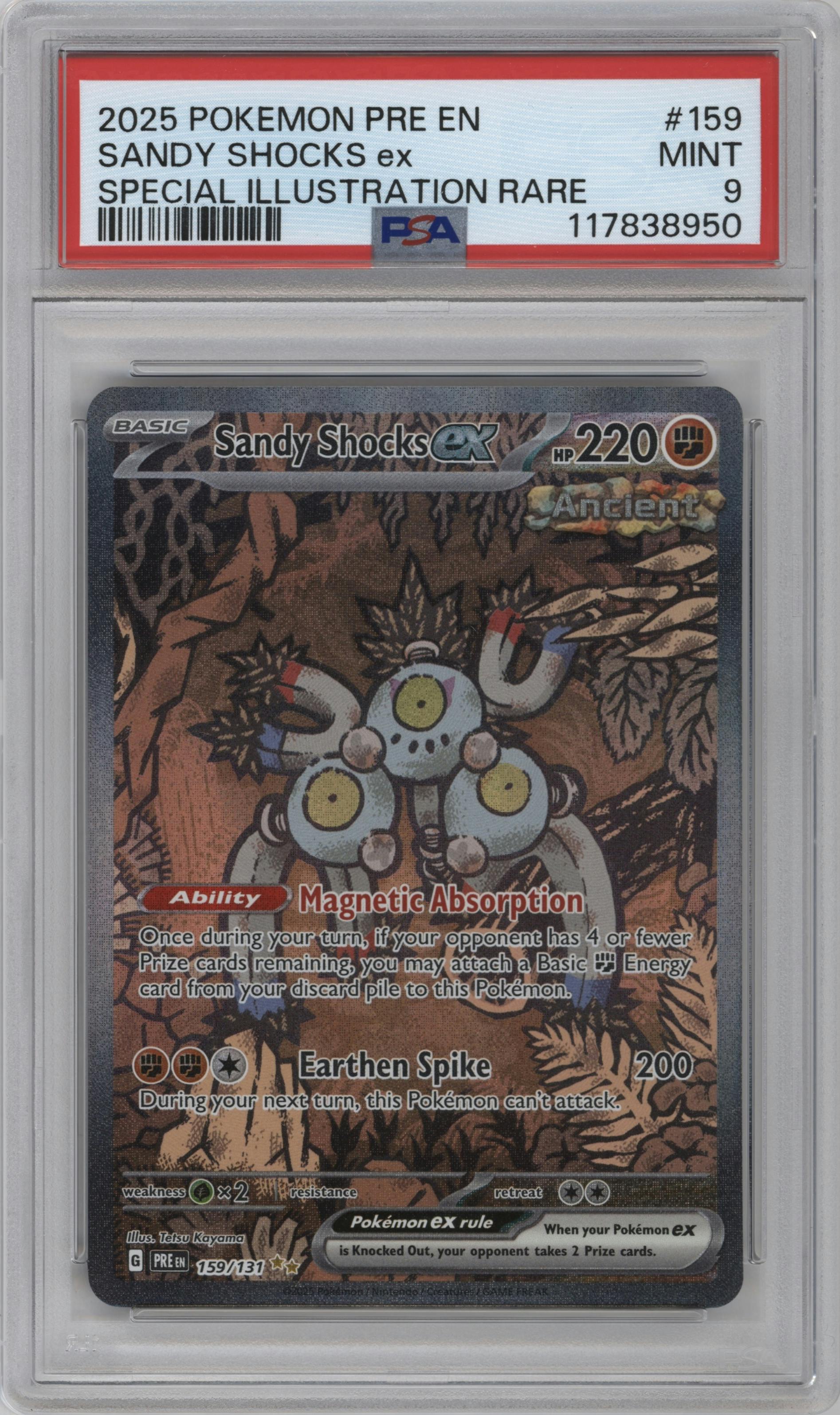 Sandy Shocks ex from the 2025 Pokemon SV set graded by PSA and given an overall grade of 9.