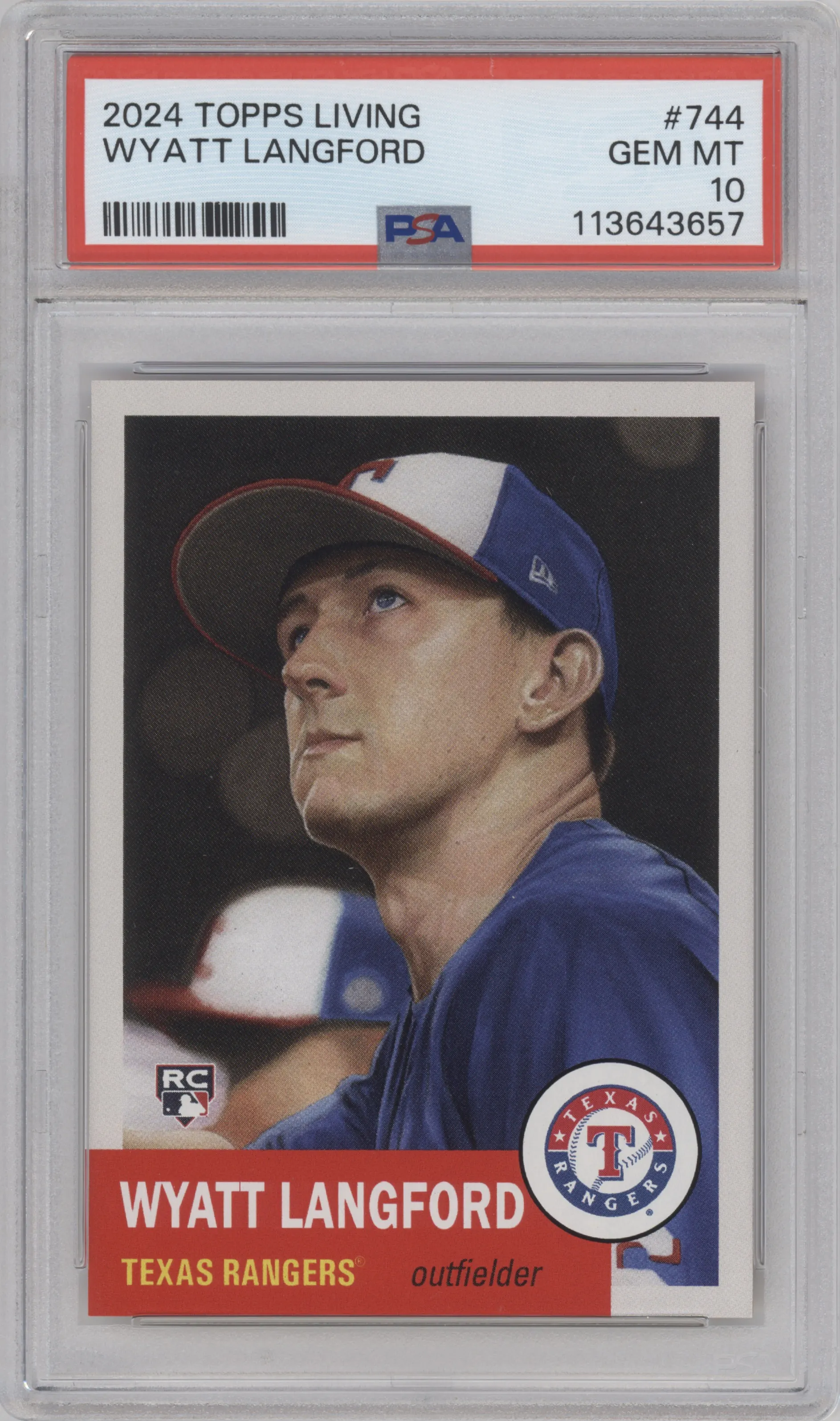 Wyatt Langford from the 2024 Topps Living set graded by PSA and given an overall grade of 10.