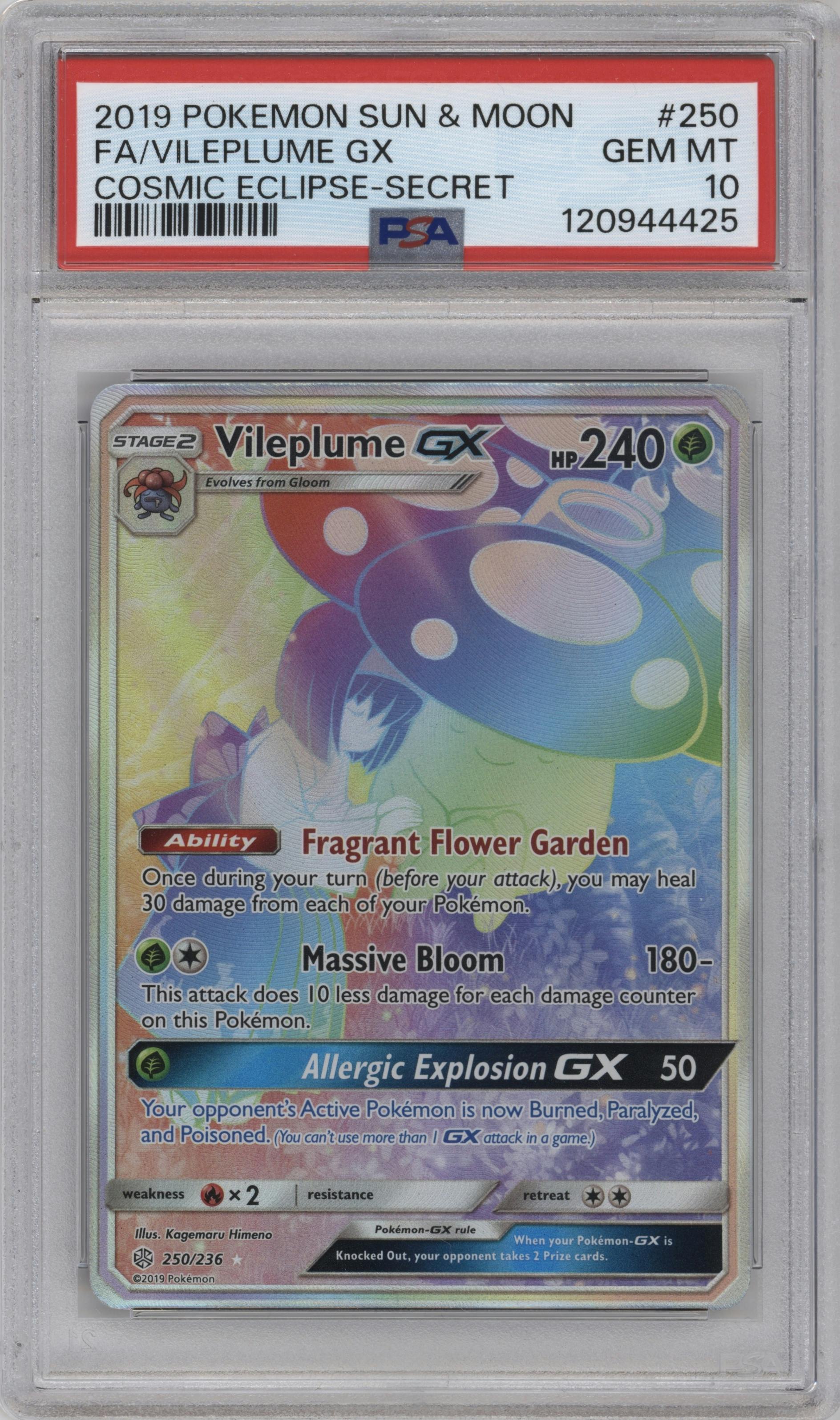 Vileplume GX from the 2019 Pokemon S&M  set graded by PSA and given an overall grade of 10.
