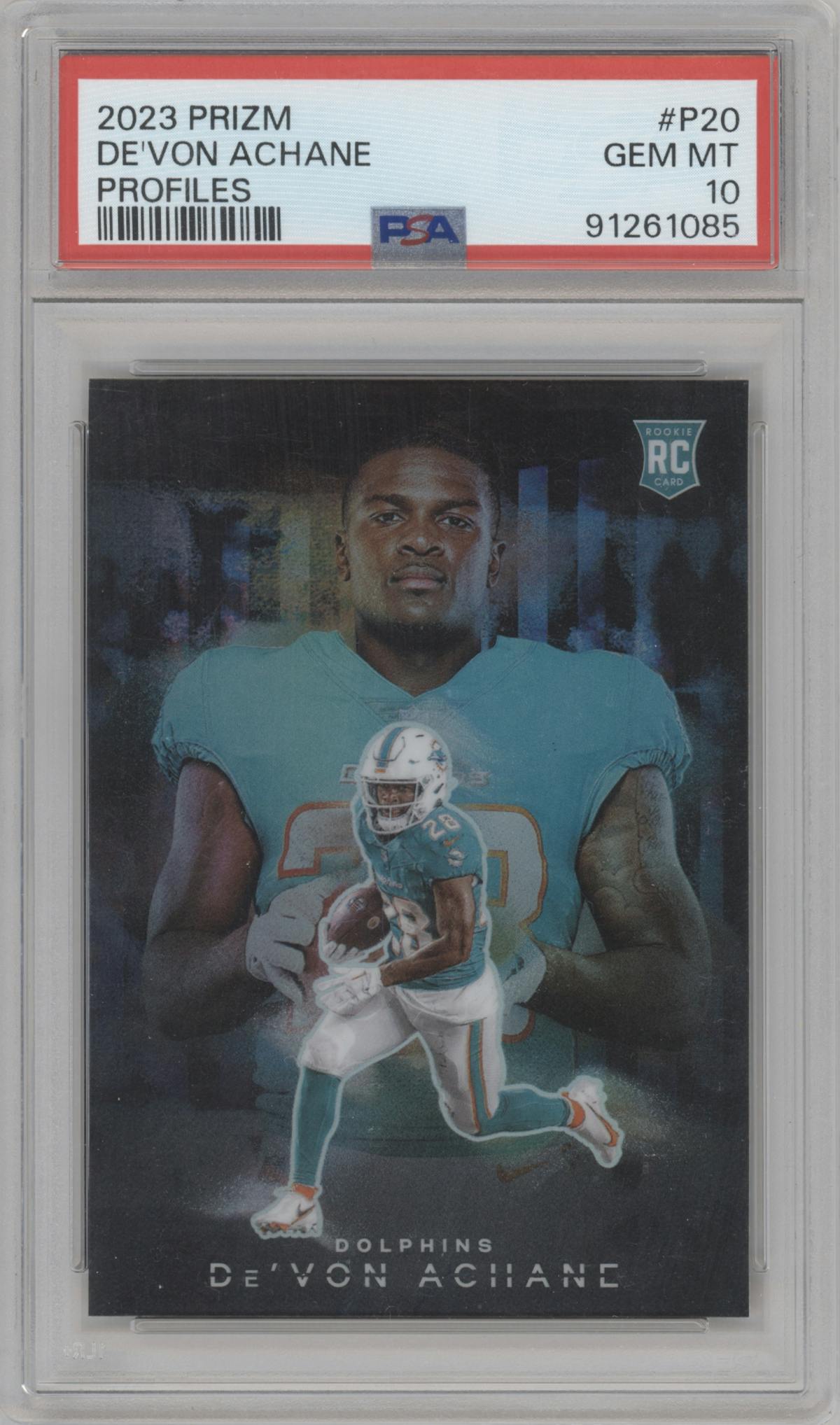 De'Von Achane from the 2023 Panini Prizm set graded by PSA and given an overall grade of 10.