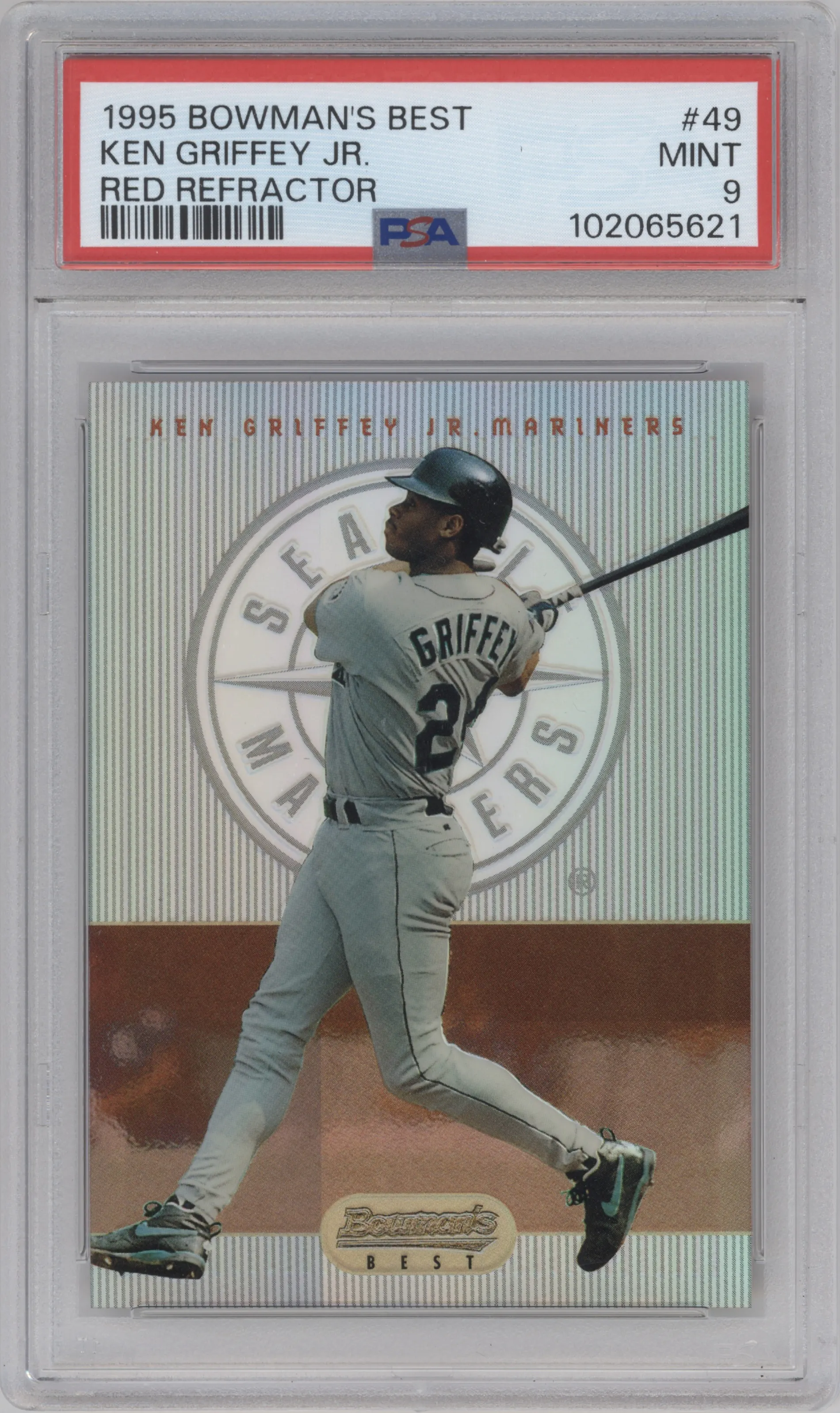 Ken Griffey Jr. from the 1995 Bowman’s Best set featuring a Refractor parallel graded by PSA and given an overall grade of 9.