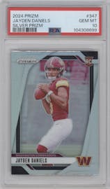 Jayden Daniels from the 2024 Panini Prizm set featuring a Silver Prizm parallel graded by PSA and given an overall grade of 10.