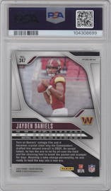 Jayden Daniels from the 2024 Panini Prizm set featuring a Silver Prizm parallel graded by PSA and given an overall grade of 10.
