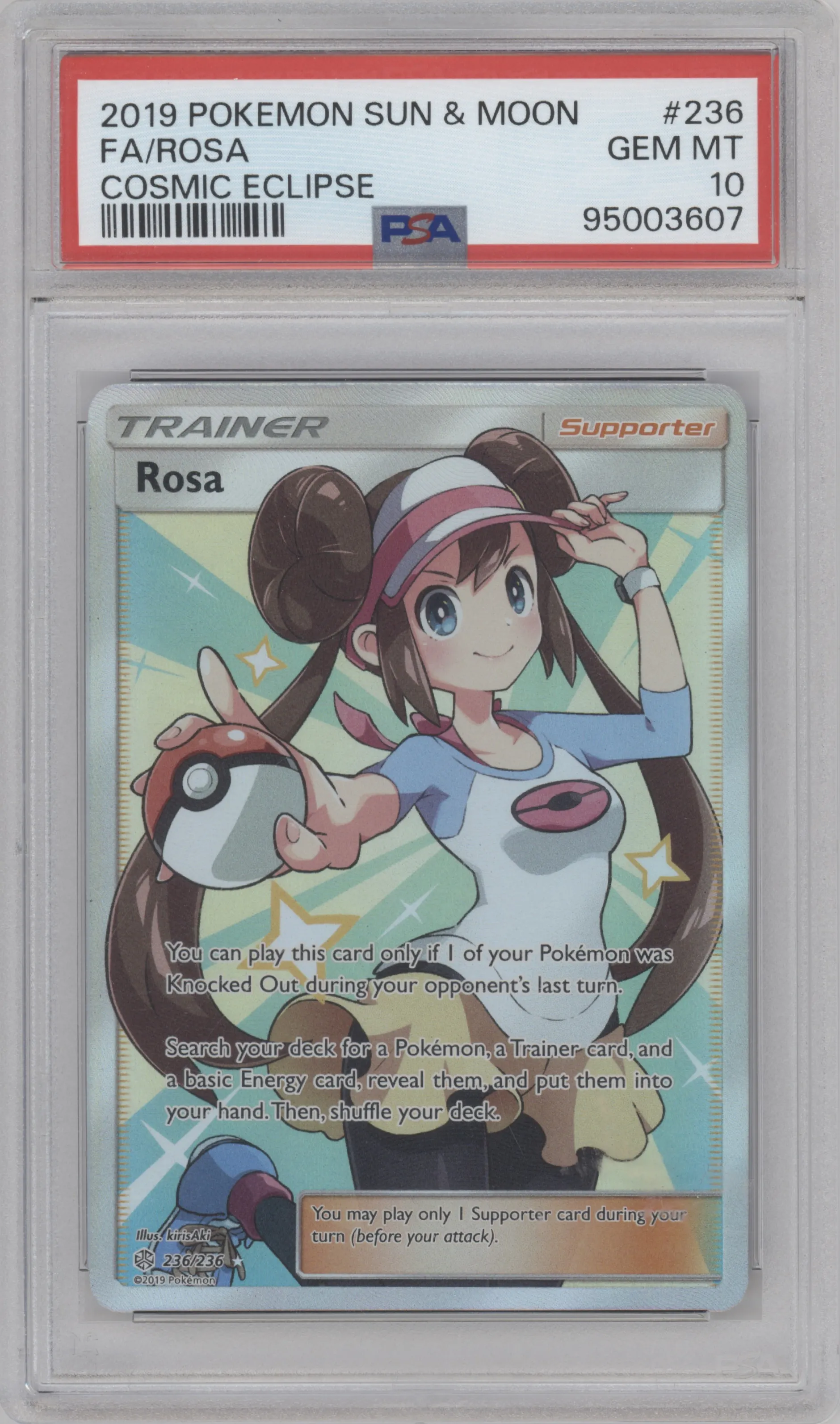 Rosa from the 2019 Pokemon S&M  set graded by PSA and given an overall grade of 10.