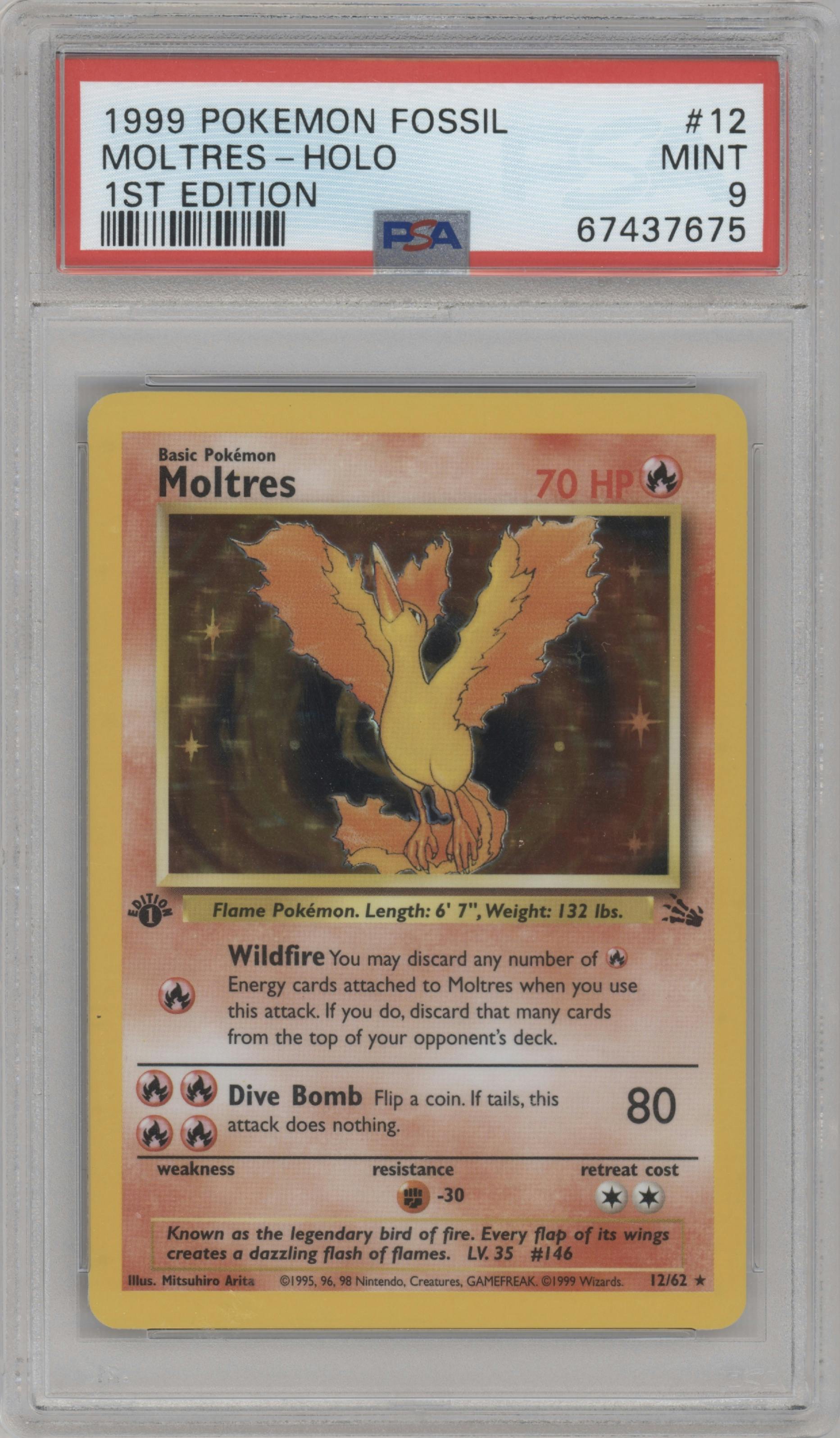 Moltres from the 1999 Pokemon set graded by PSA and given an overall grade of 9.
