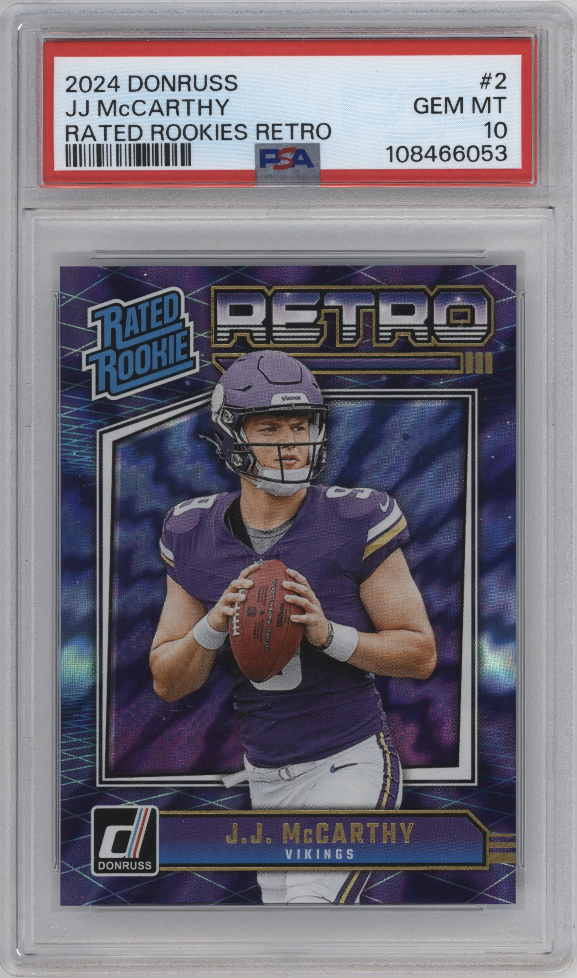 J.J. McCarthy from the 2024 Donruss set graded by PSA and given an overall grade of 10.