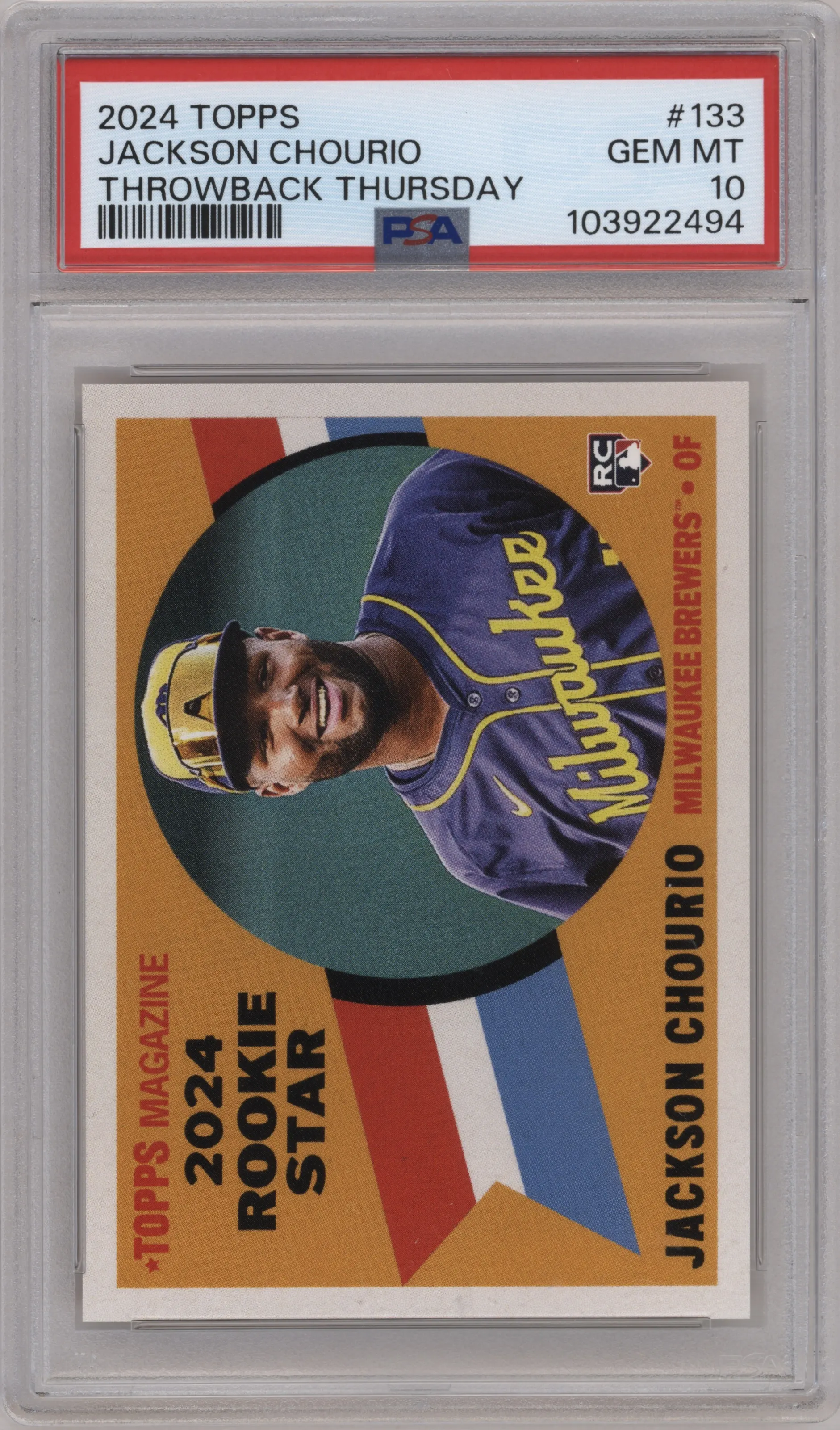 Jackson Chourio from the 2024 Topps Throwback Thursday set graded by PSA and given an overall grade of 10.