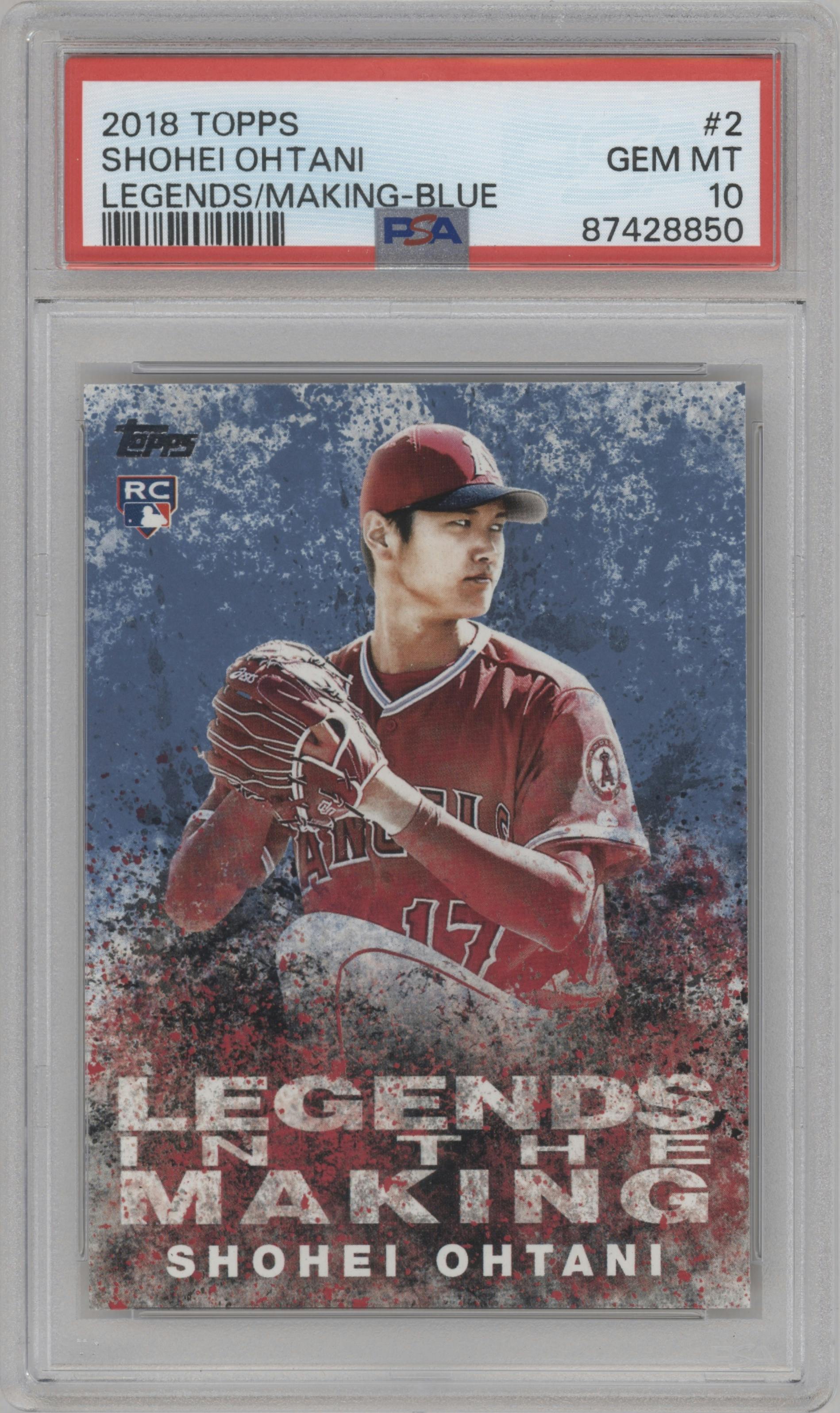Shohei Ohtani from the 2018 Topps Series 2 set featuring a Blue parallel graded by PSA and given an overall grade of 10.