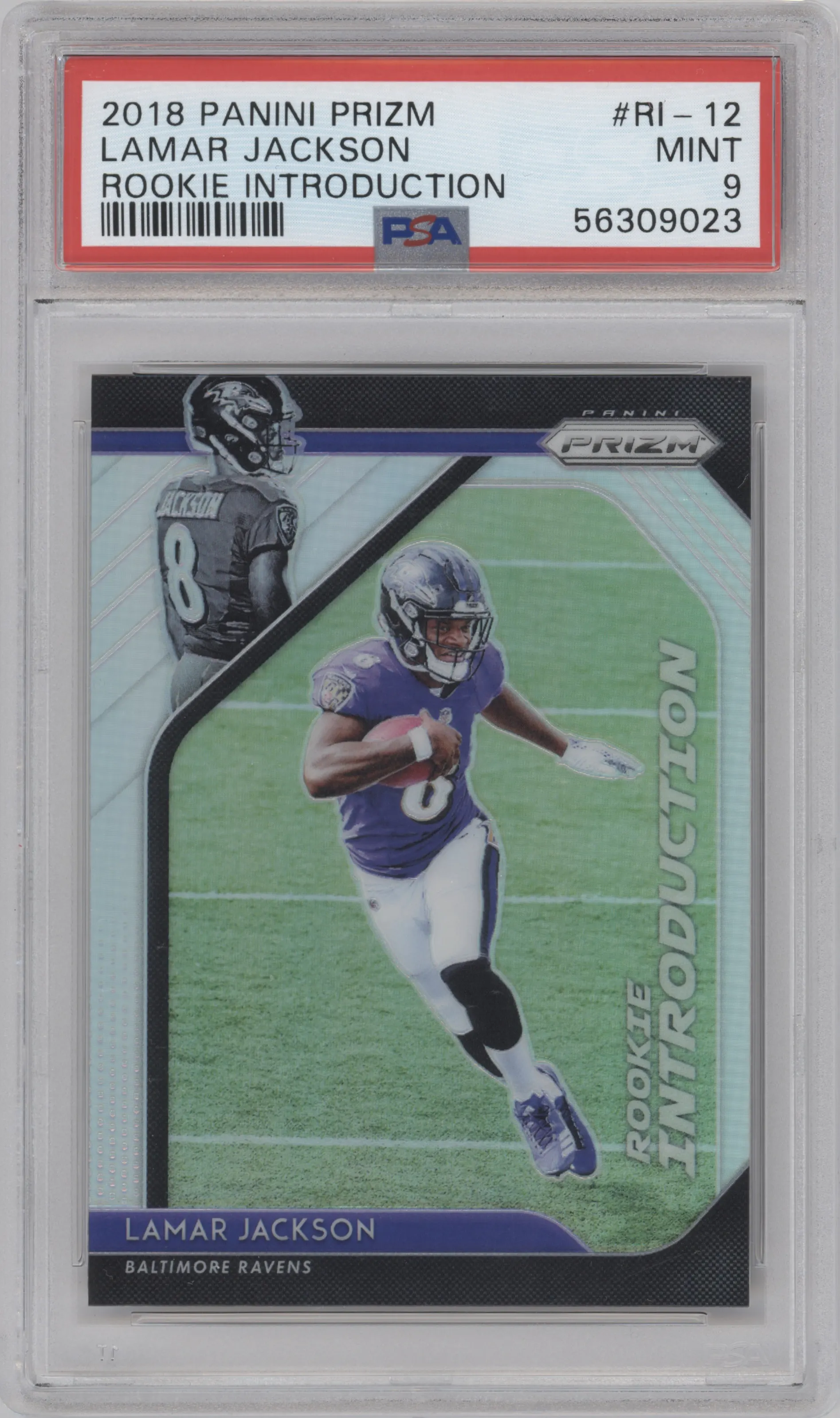 Lamar Jackson from the 2018 Panini Prizm set graded by PSA and given an overall grade of 9.