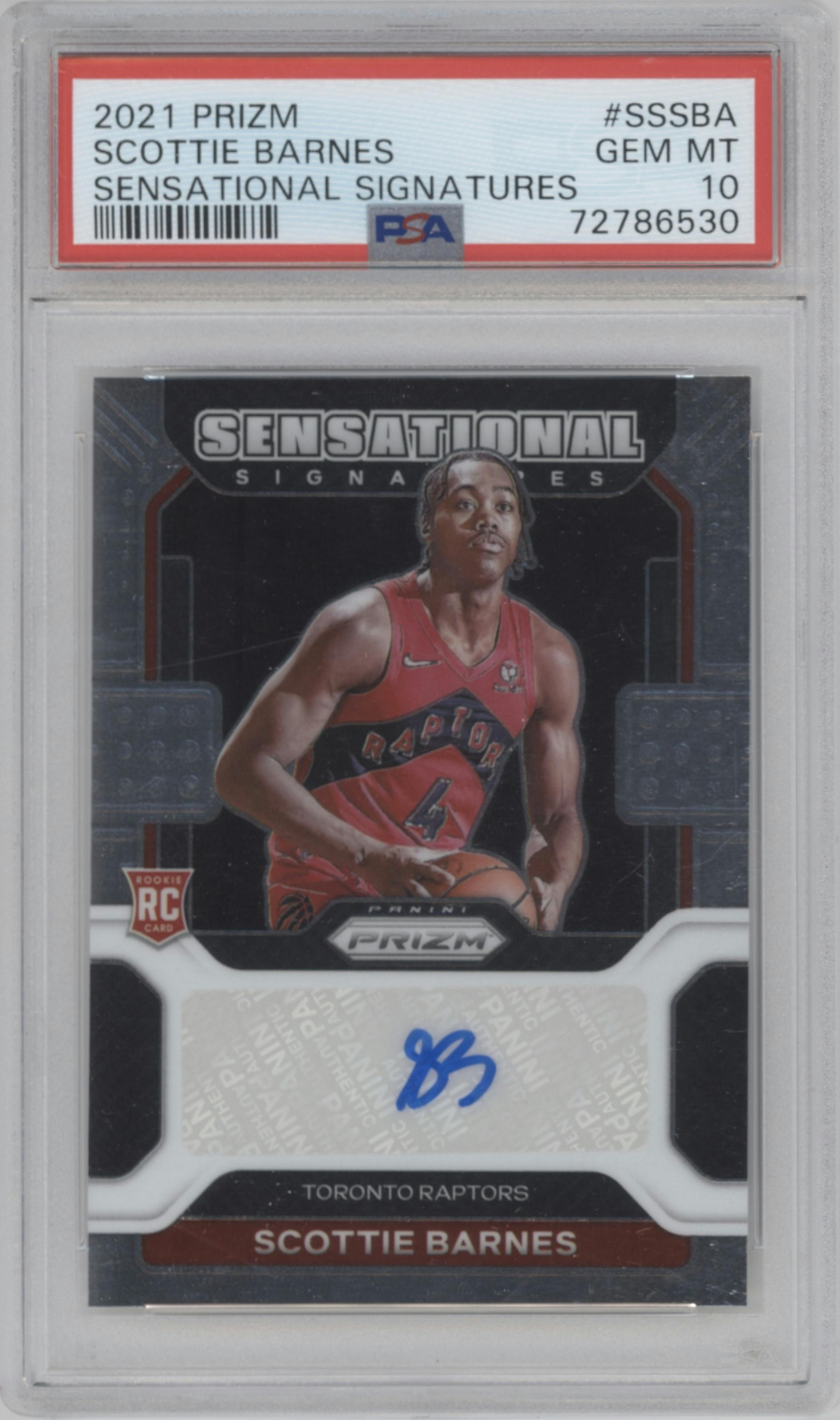Scottie Barnes  from the 2021-22 Panini Prizm  set graded by PSA and given an overall grade of 10.